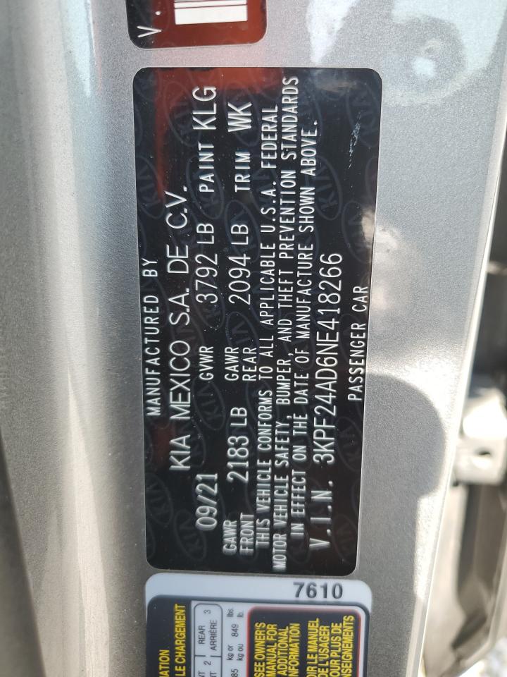 2022 Kia Forte Fe VIN: 3KPF24AD6NE418266 Lot: 68190754