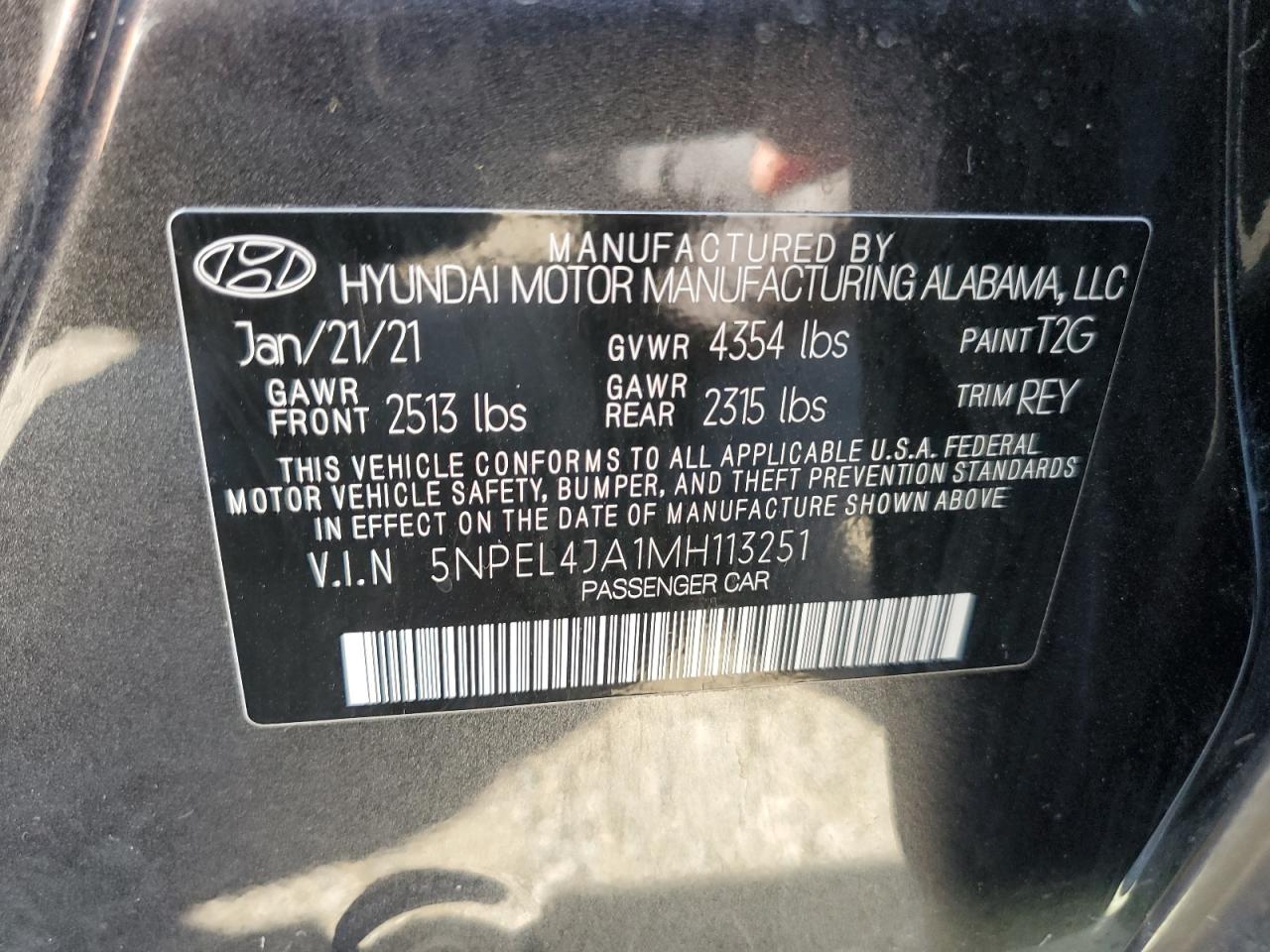 2021 Hyundai Sonata Sel VIN: 5NPEL4JA1MH113251 Lot: 66039084