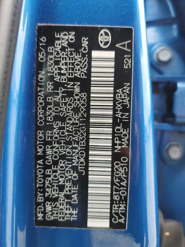 2016 Toyota Prius C VIN: JTDKDTB32G1129058 Lot: 66379294