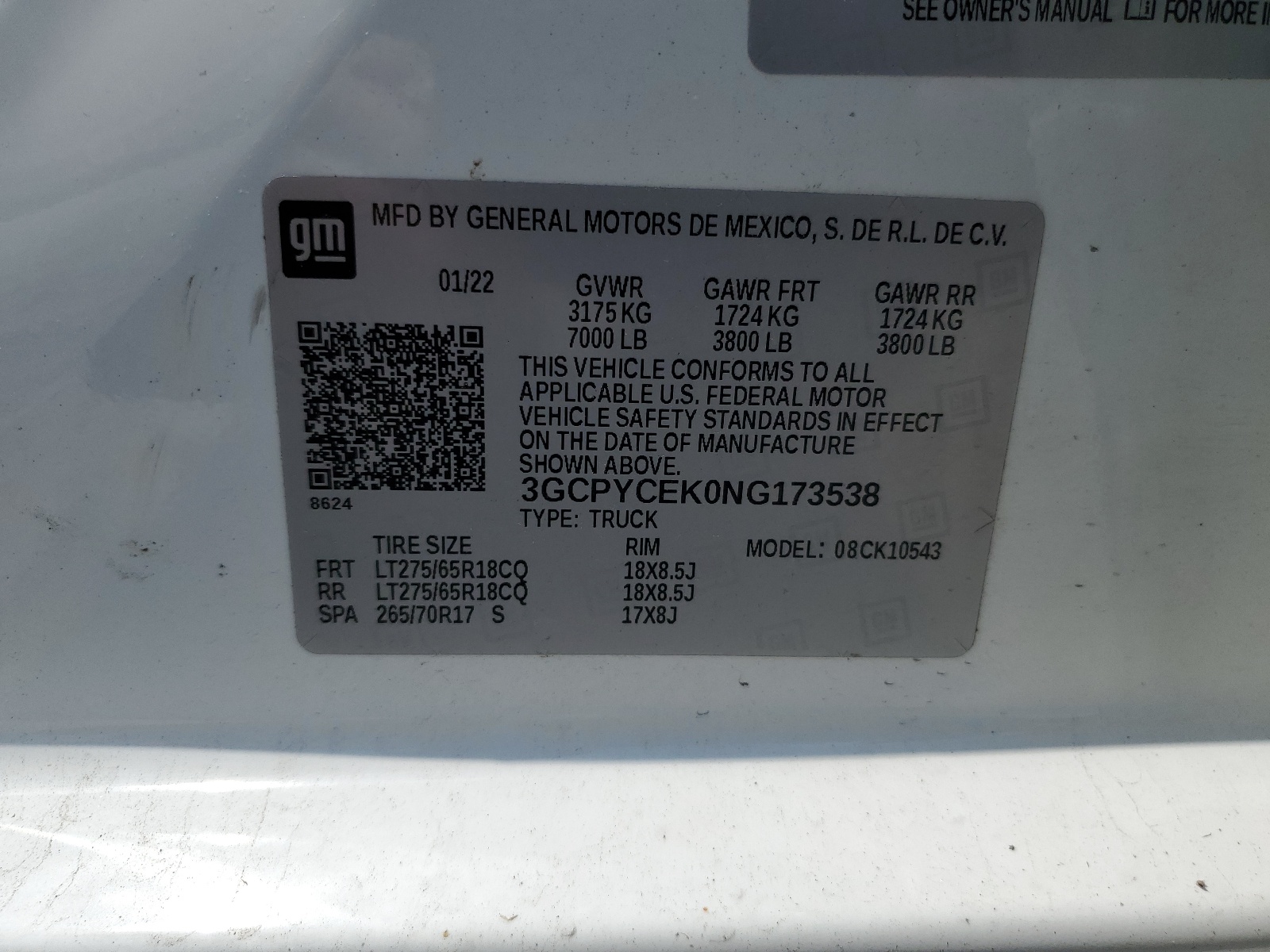 3GCPYCEK0NG173538 2022 Chevrolet Silverado Ltd K1500 Trail Boss Custom