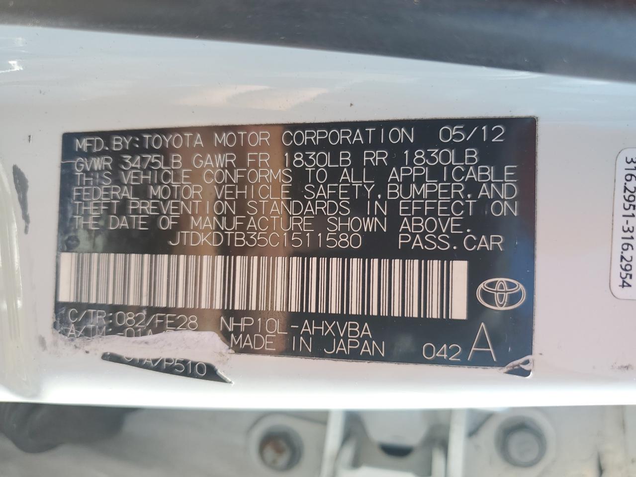 JTDKDTB35C1511580 2012 Toyota Prius C