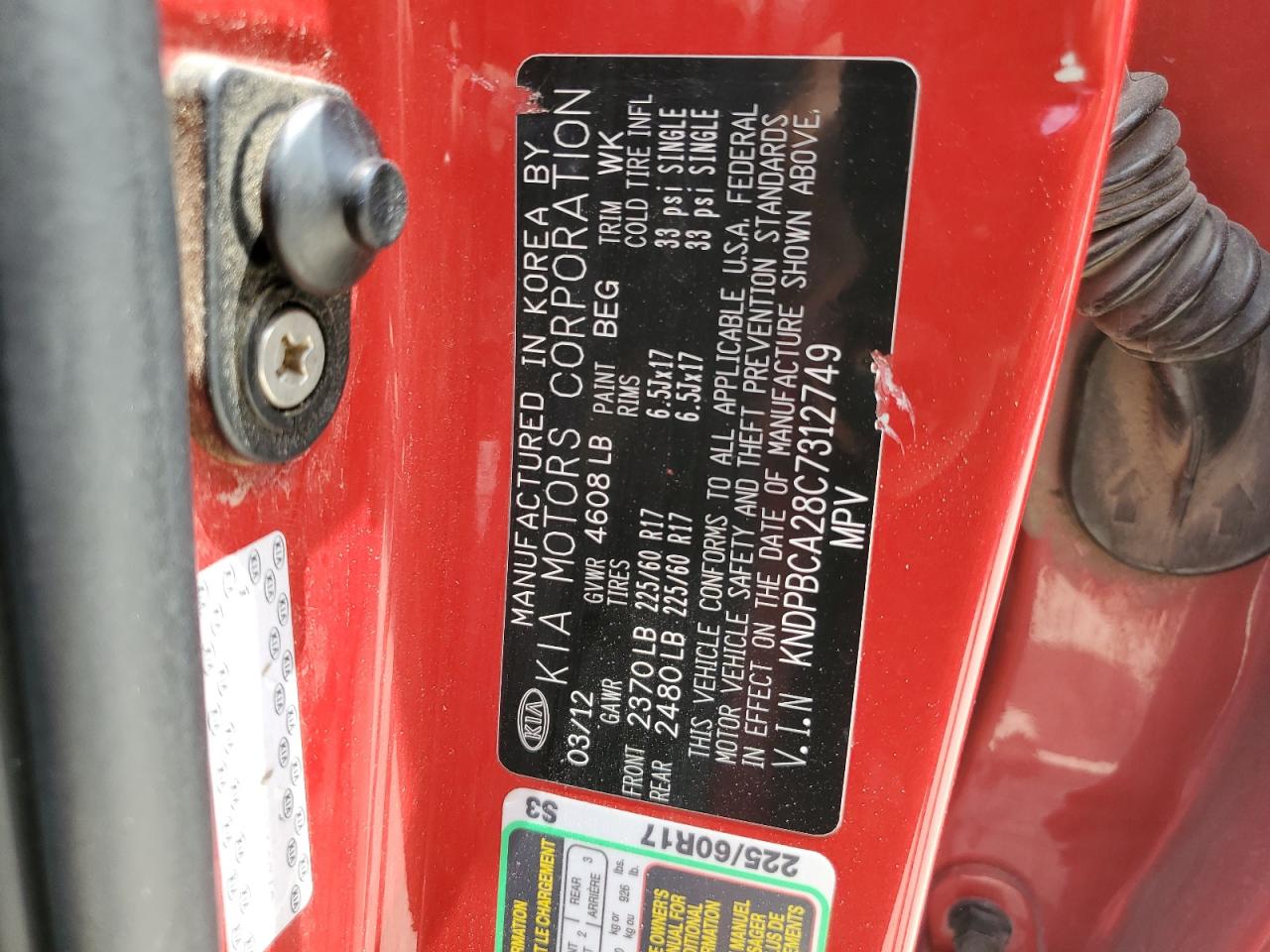 2012 Kia Sportage Lx VIN: KNDPBCA28C7312749 Lot: 65131384