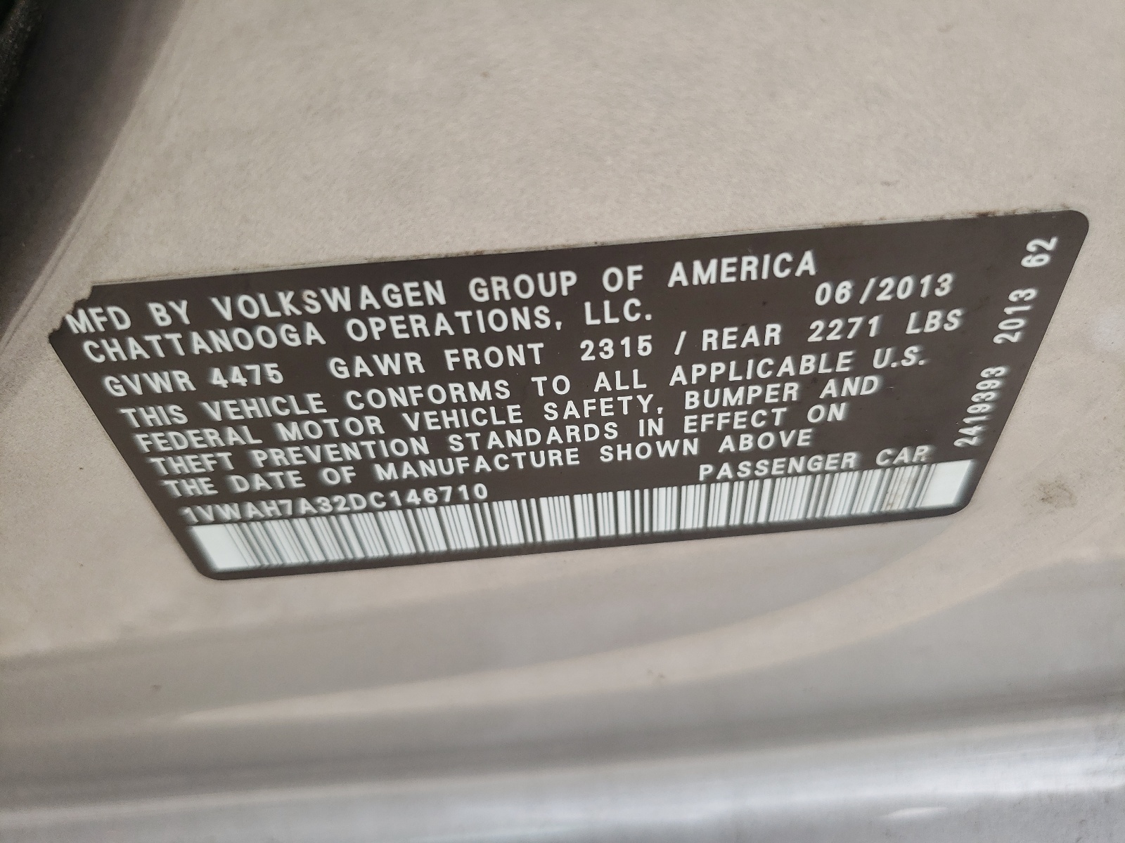 1VWAH7A32DC146710 2013 Volkswagen Passat S