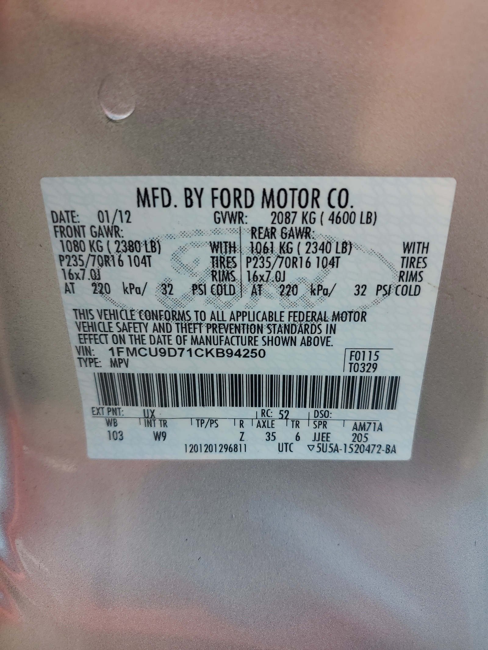 1FMCU9D71CKB94250 2012 Ford Escape Xlt