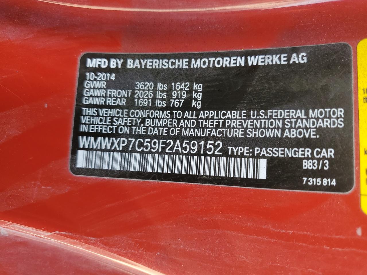 2015 Mini Cooper S VIN: WMWXP7C59F2A59152 Lot: 66020774