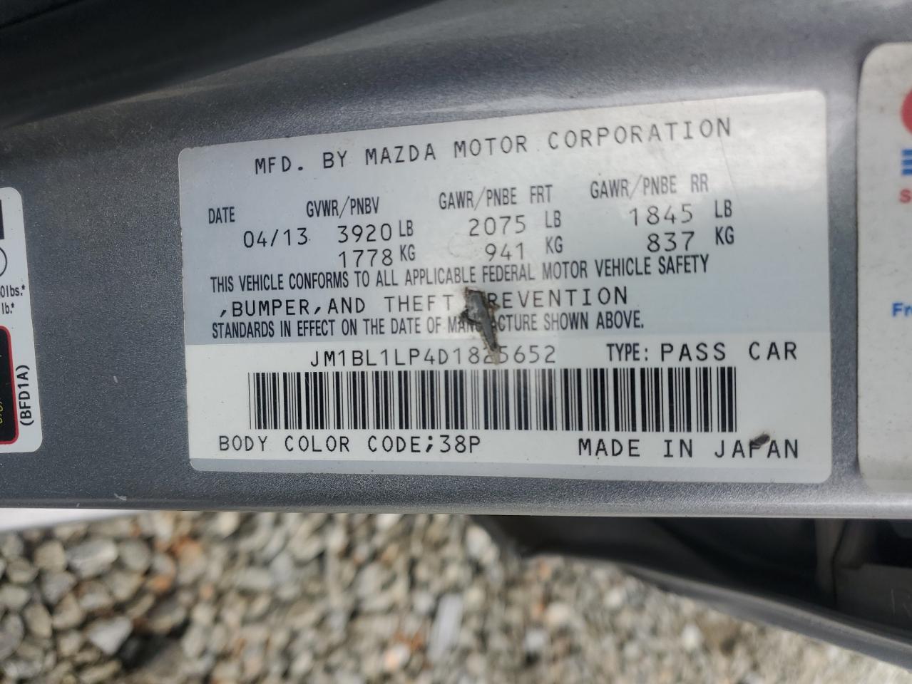 2013 Mazda 3 I VIN: JM1BL1LP4D1825652 Lot: 67105754