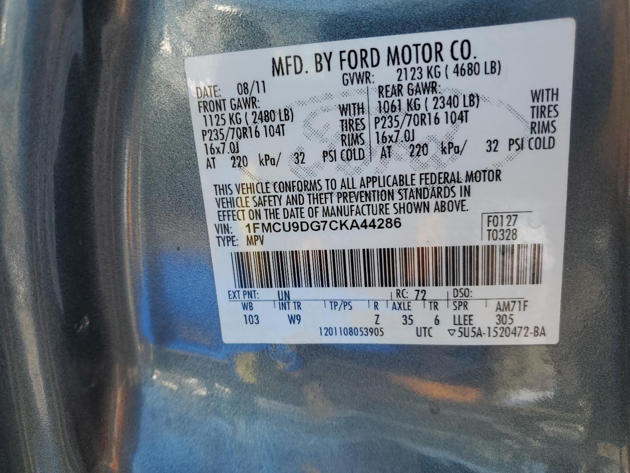 2012 Ford Escape Xlt VIN: 1FMCU9DG7CKA44286 Lot: 66023004