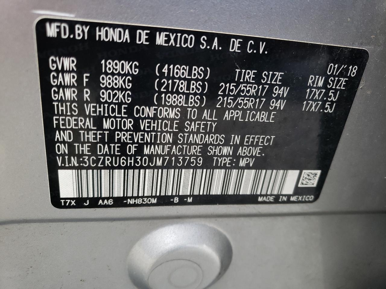 3CZRU6H30JM713759 2018 Honda Hr-V Lx