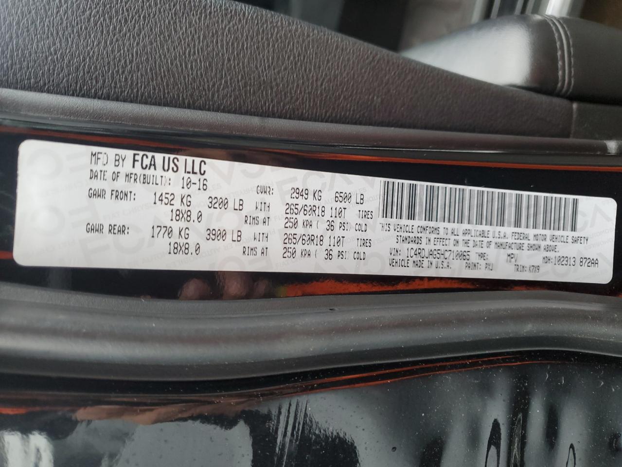 2017 Dodge Durango Sxt VIN: 1C4RDJAG5HC710065 Lot: 66738264