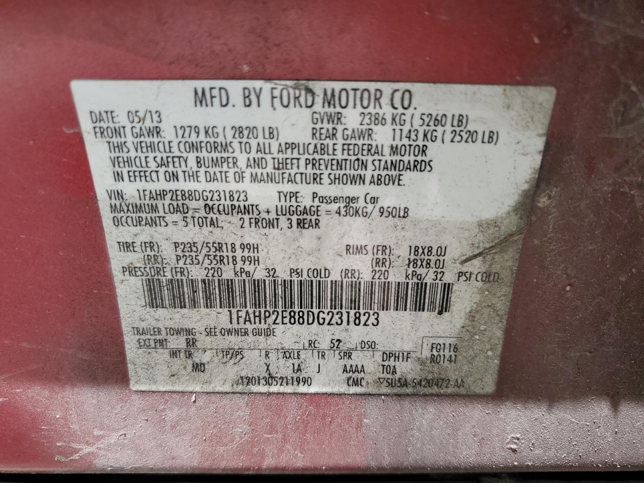 2013 Ford Taurus Sel VIN: 1FAHP2E88DG231823 Lot: 65729264