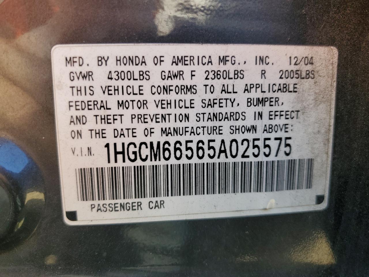 1HGCM66565A025575 2005 Honda Accord Ex