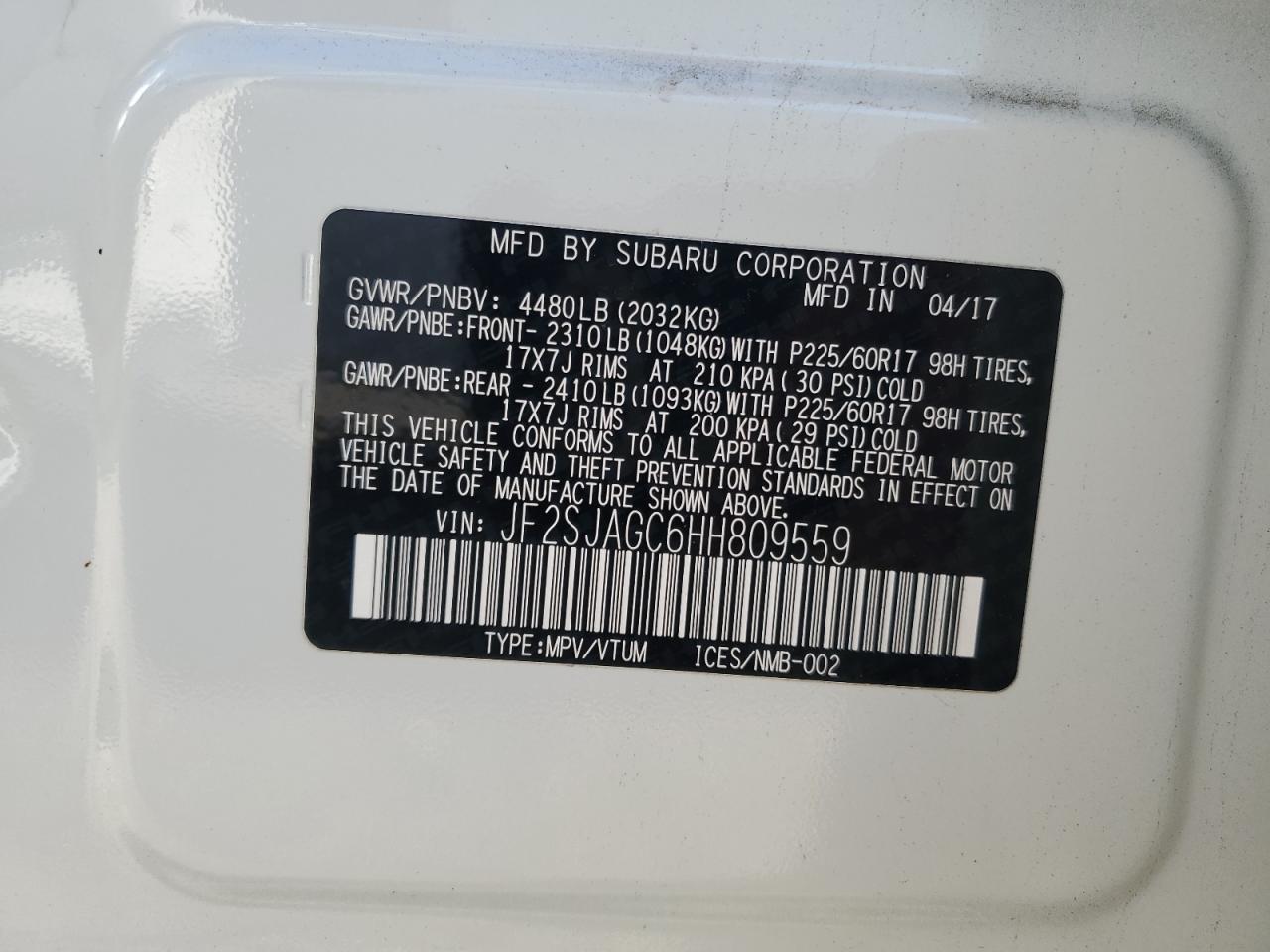 JF2SJAGC6HH809559 2017 Subaru Forester 2.5I Premium