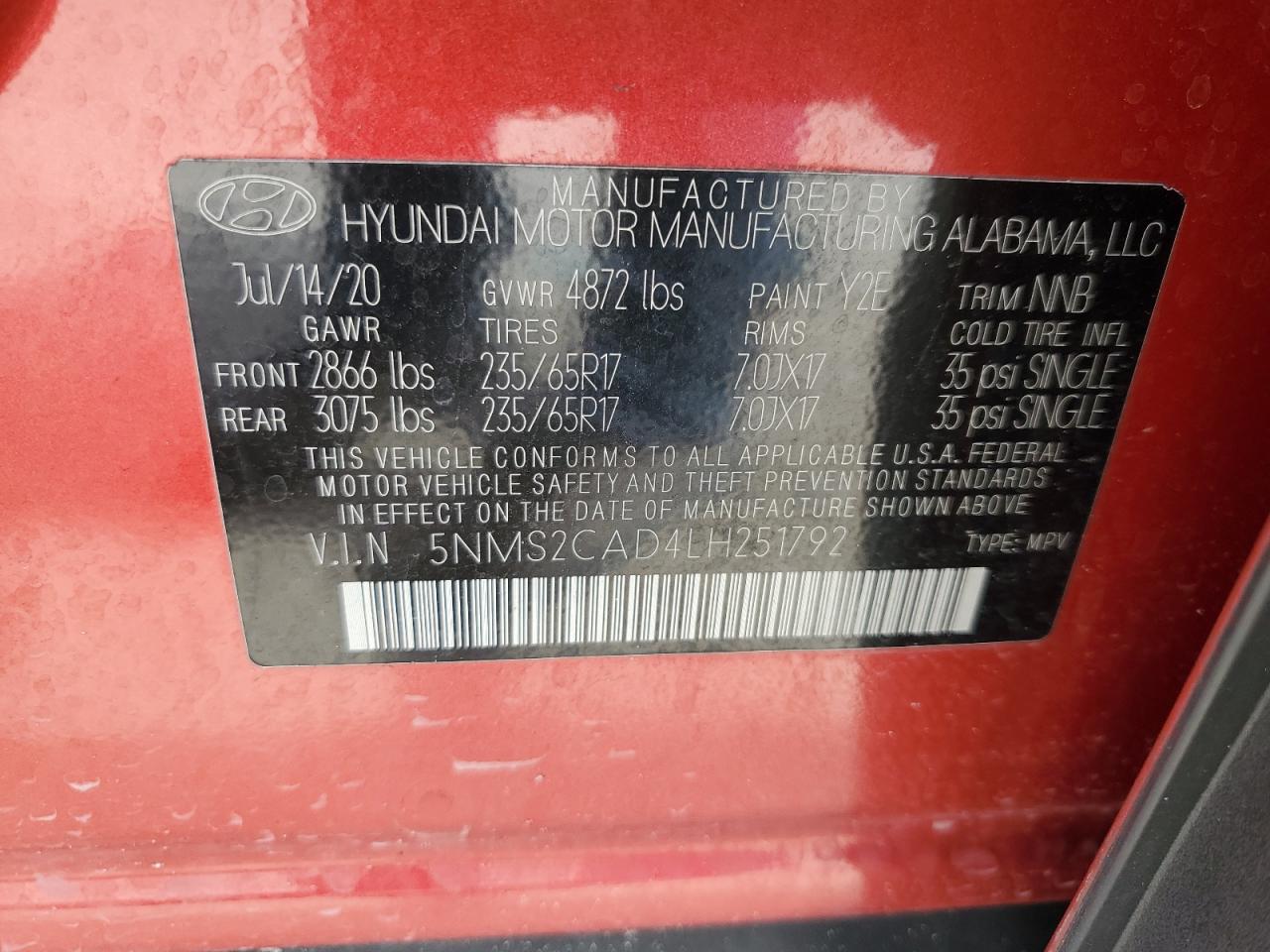 5NMS2CAD4LH251792 2020 Hyundai Santa Fe Se