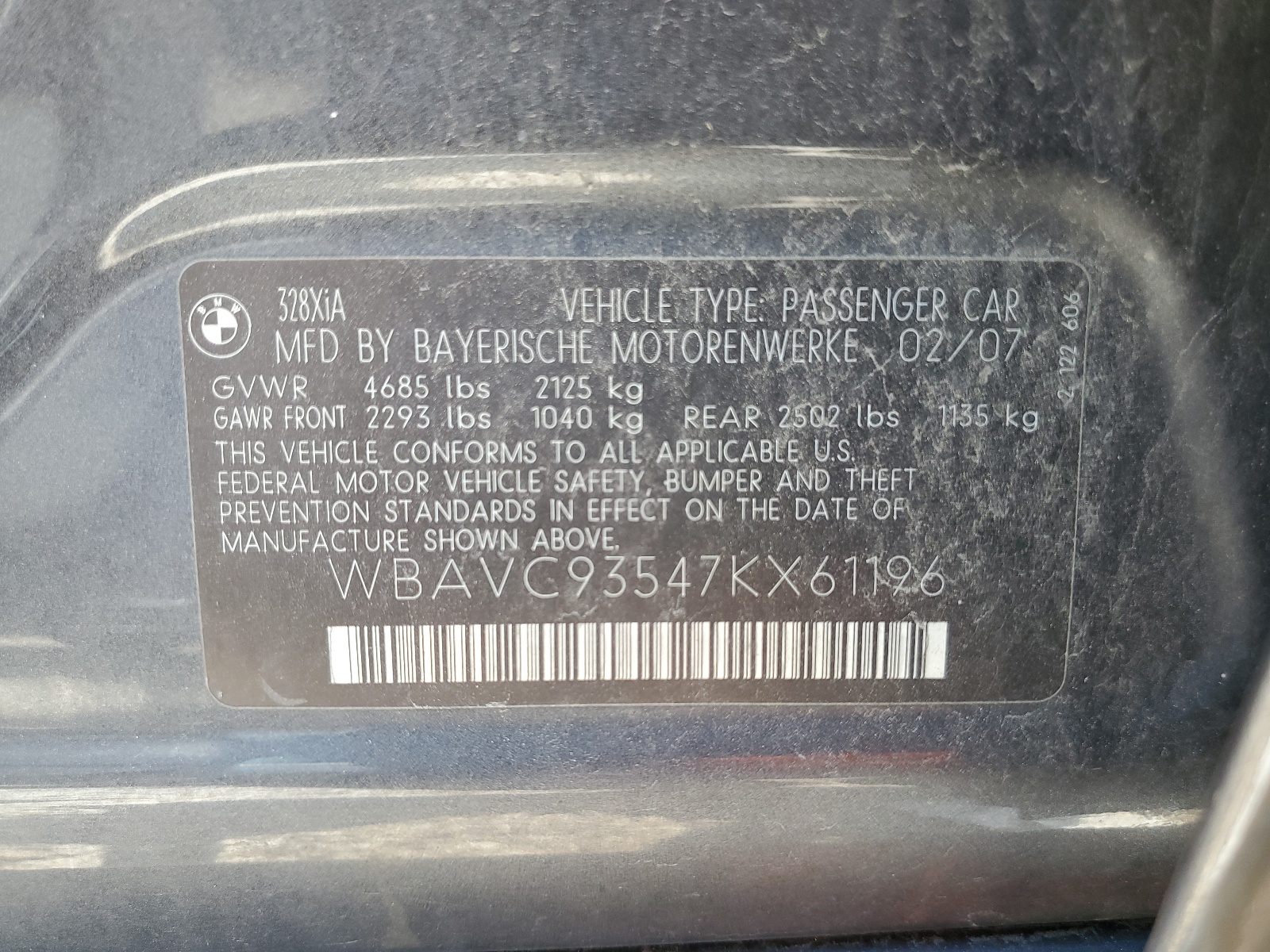 WBAVC93547KX61196 2007 BMW 328 Xi