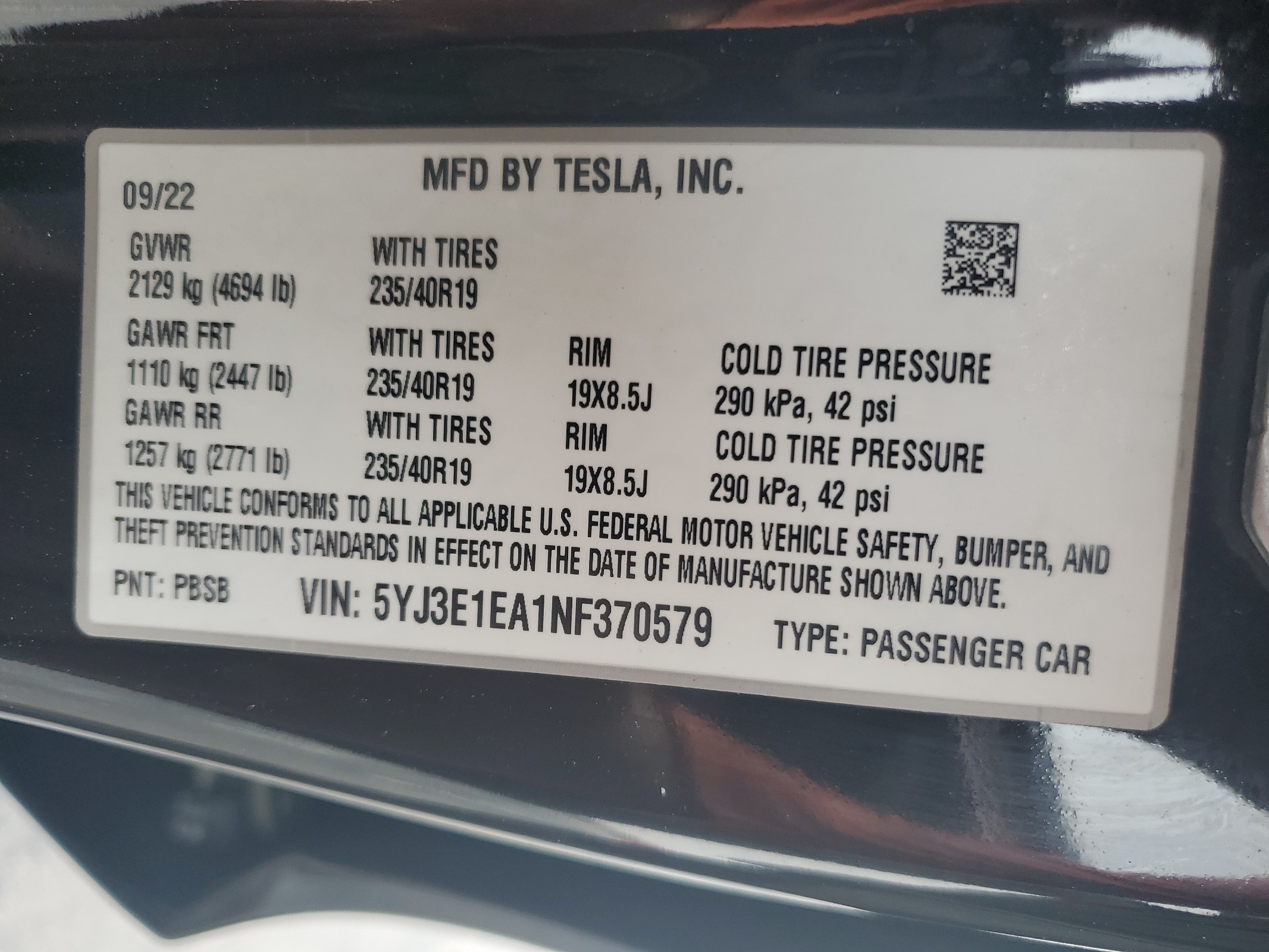 5YJ3E1EA1NF370579 2022 Tesla Model 3
