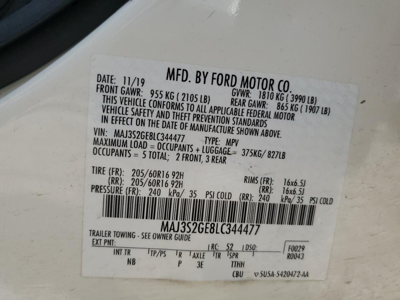 MAJ3S2GE8LC344477 2020 Ford Ecosport Se