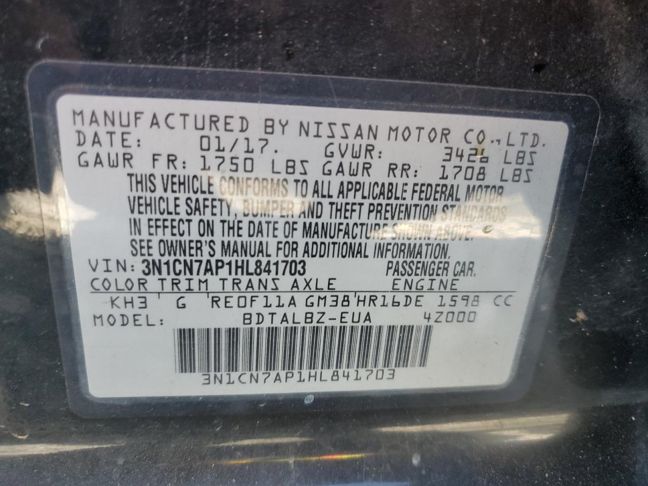 3N1CN7AP1HL841703 2017 Nissan Versa S