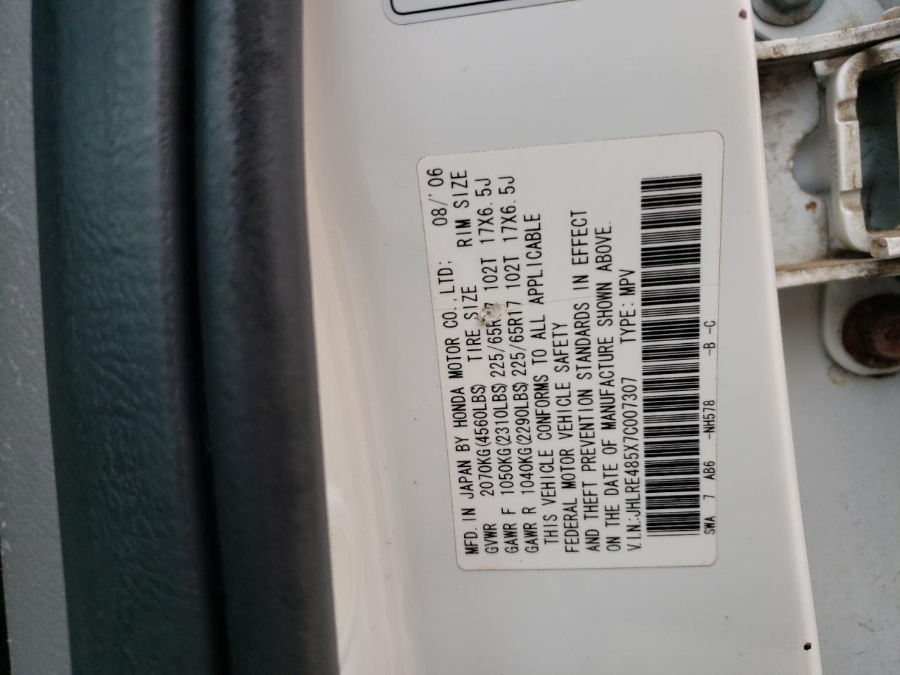 2007 Honda Cr-V Ex VIN: JHLRE485X7C007307 Lot: 68998074