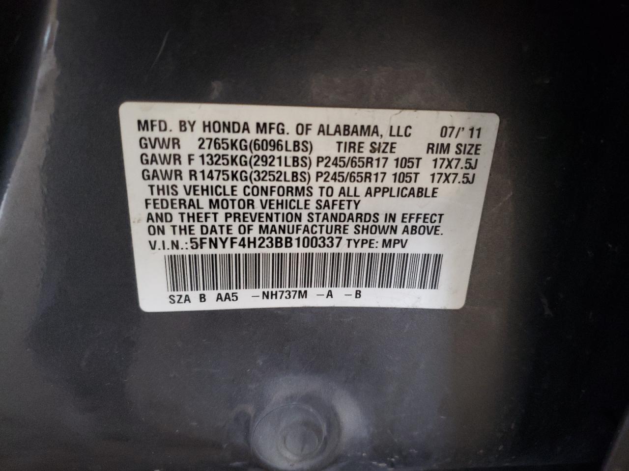 2011 Honda Pilot Lx VIN: 5FNYF4H23BB100337 Lot: 66583584
