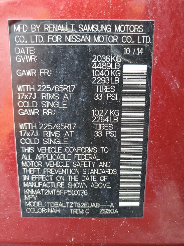 2015 Nissan Rogue S VIN: KNMAT2MT5FP510176 Lot: 66383194