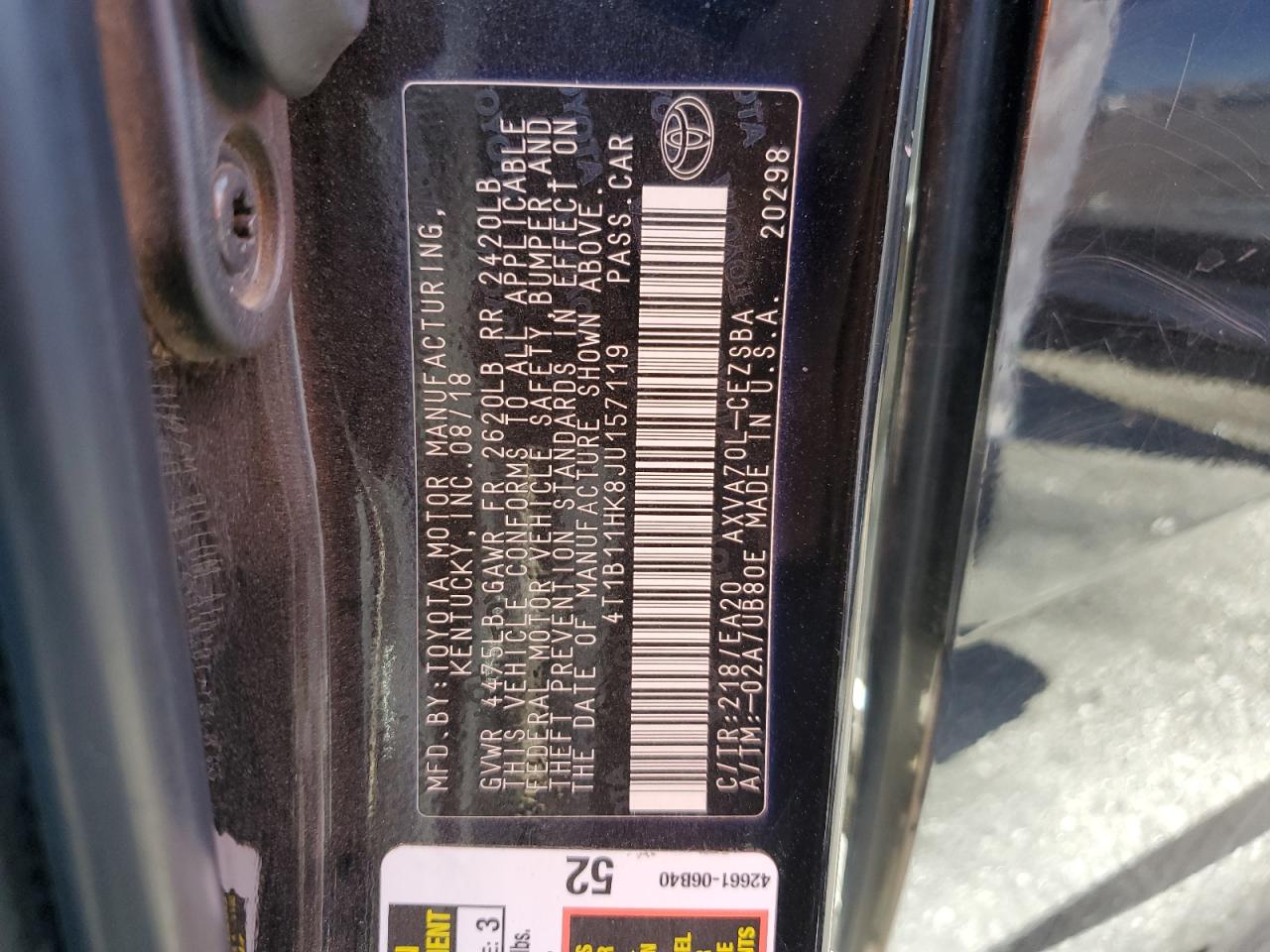 4T1B11HK8JU157119 2018 TOYOTA CAMRY - Image 12