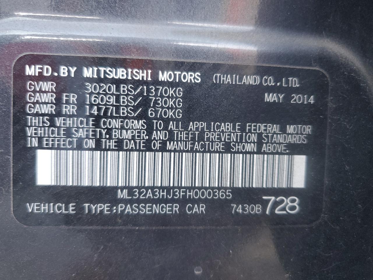 ML32A3HJ3FH000365 2015 Mitsubishi Mirage De