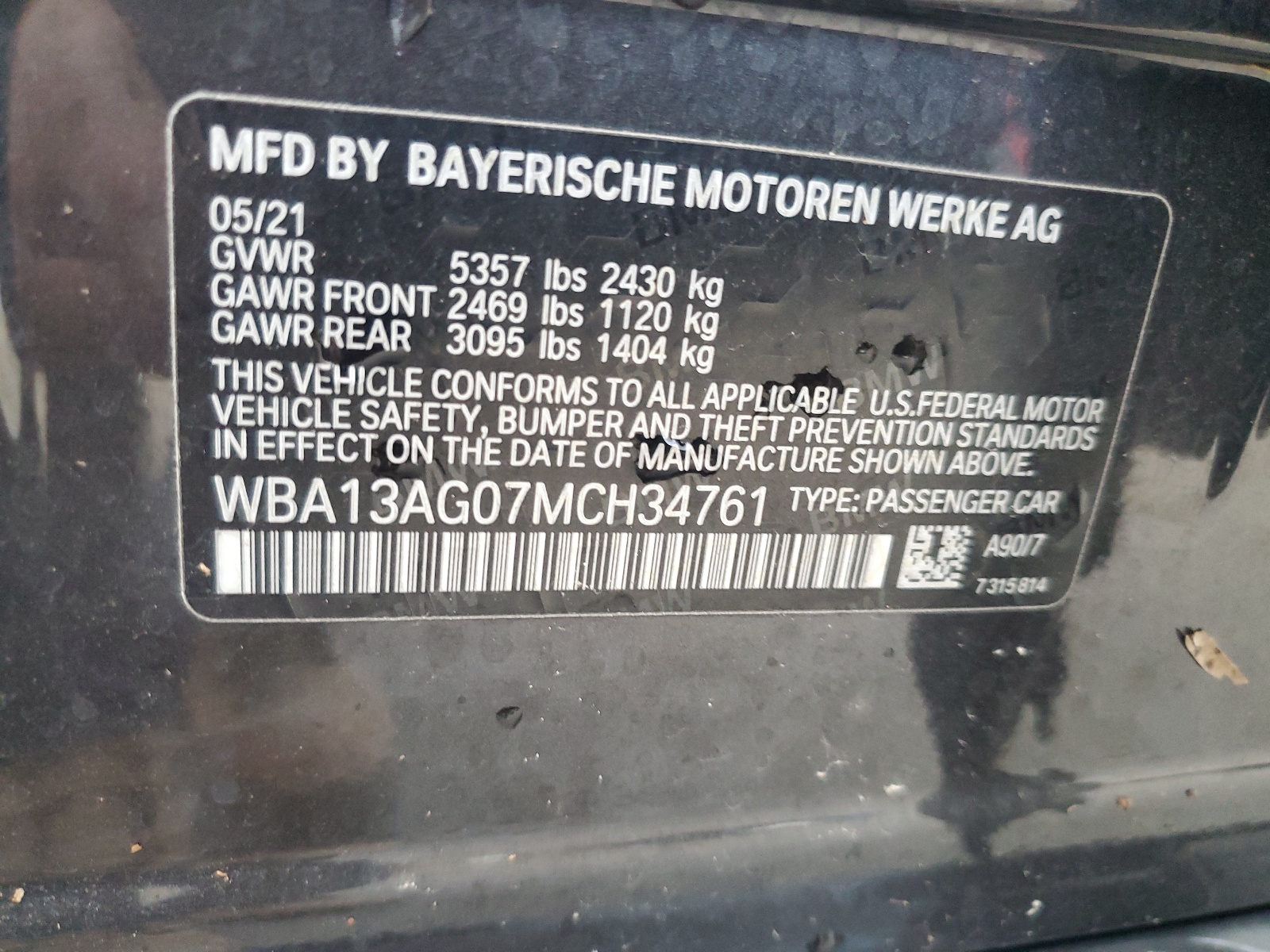 WBA13AG07MCH34761 2021 BMW 530E