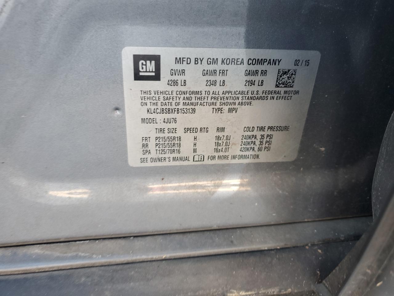 2015 BUICK ENCORE with FRONT END damage, VIN KL4CJBSBXFB153139