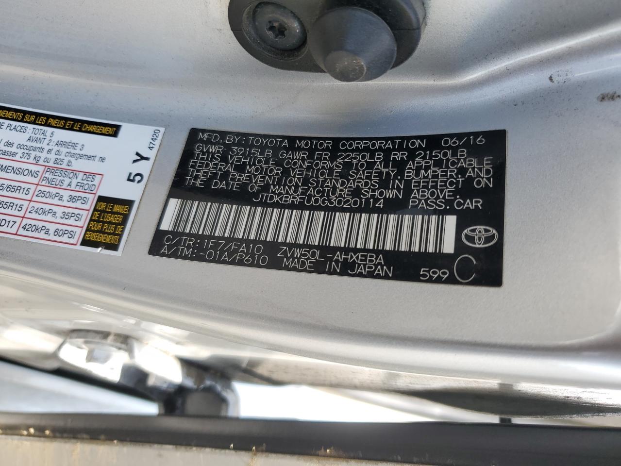 JTDKBRFU0G3020114 2016 Toyota Prius