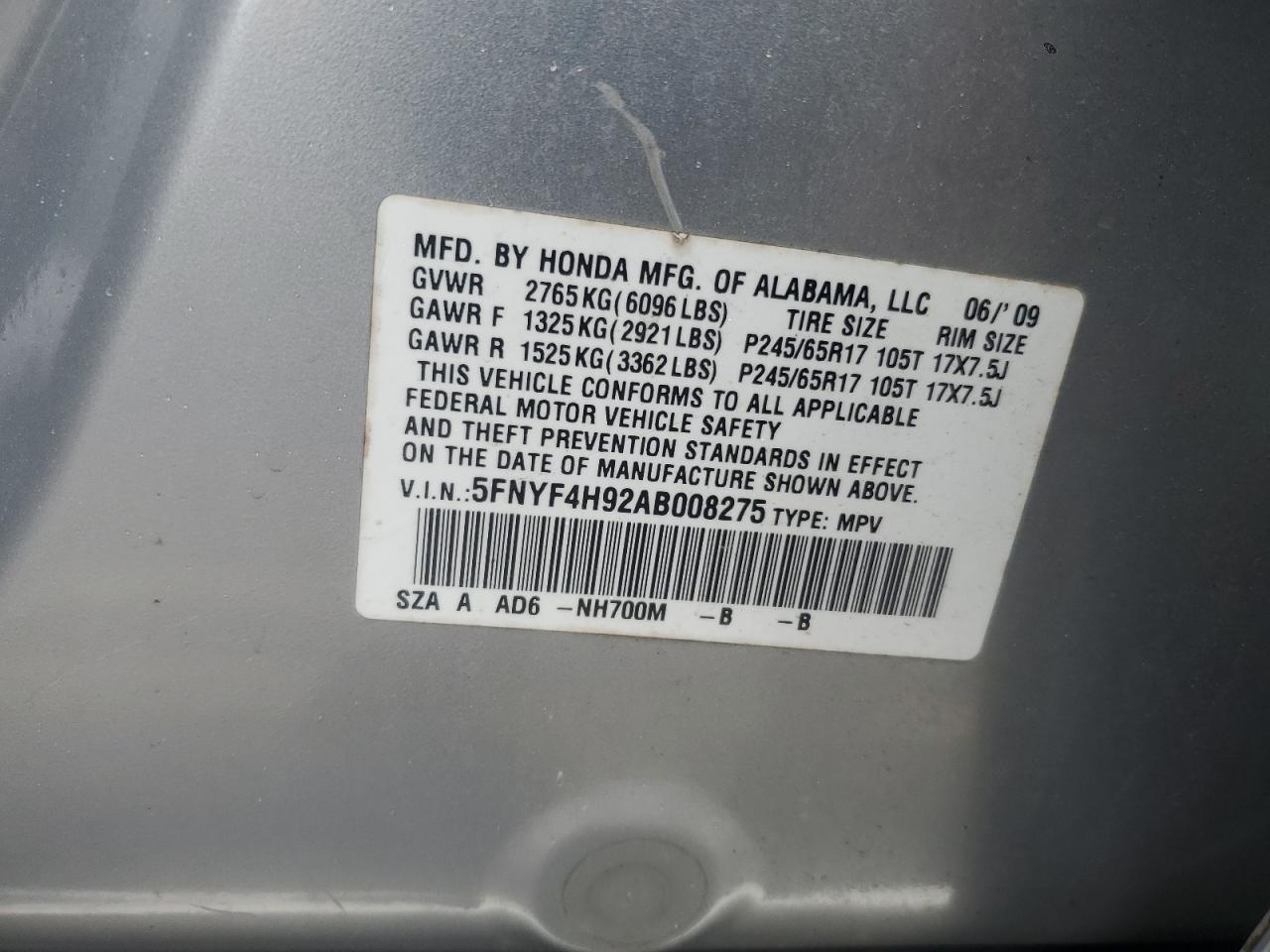 2010 Honda Pilot Touring VIN: 5FNYF4H92AB008275 Lot: 66695314