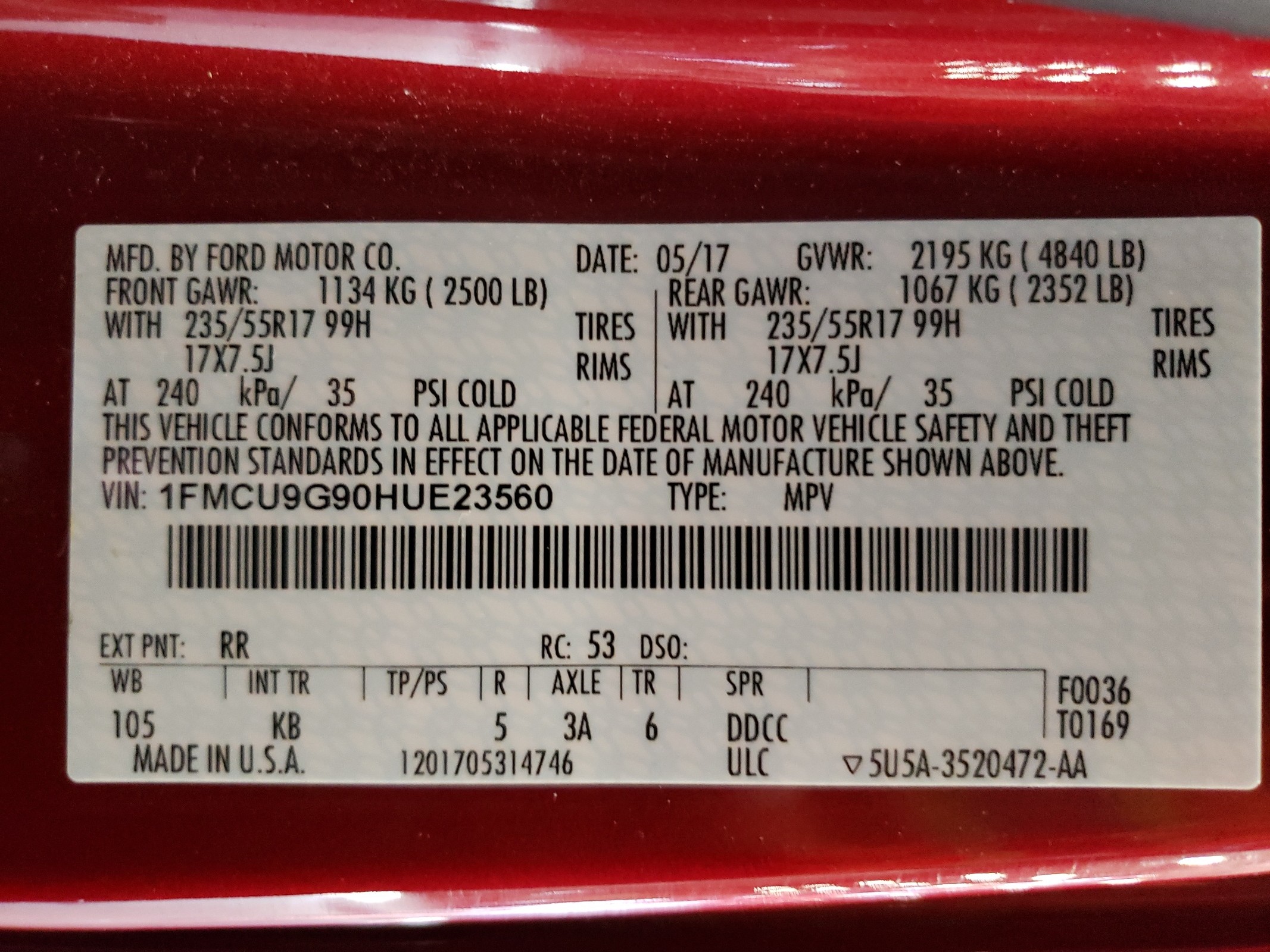 1FMCU9G90HUE23560 2017 Ford Escape Se