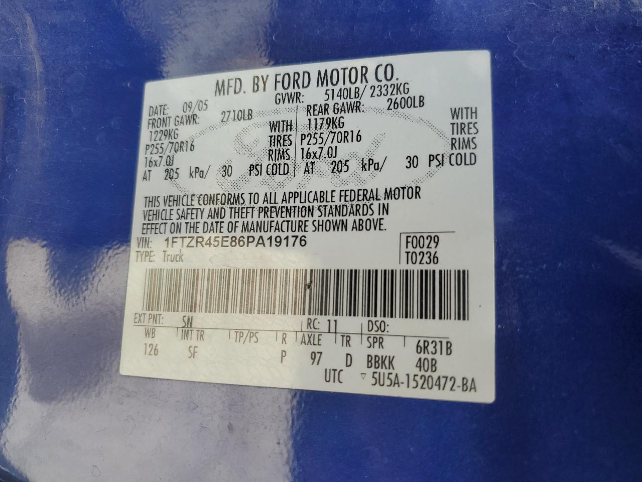 2006 Ford Ranger Super Cab VIN: 1FTZR45E86PA19176 Lot: 67249484