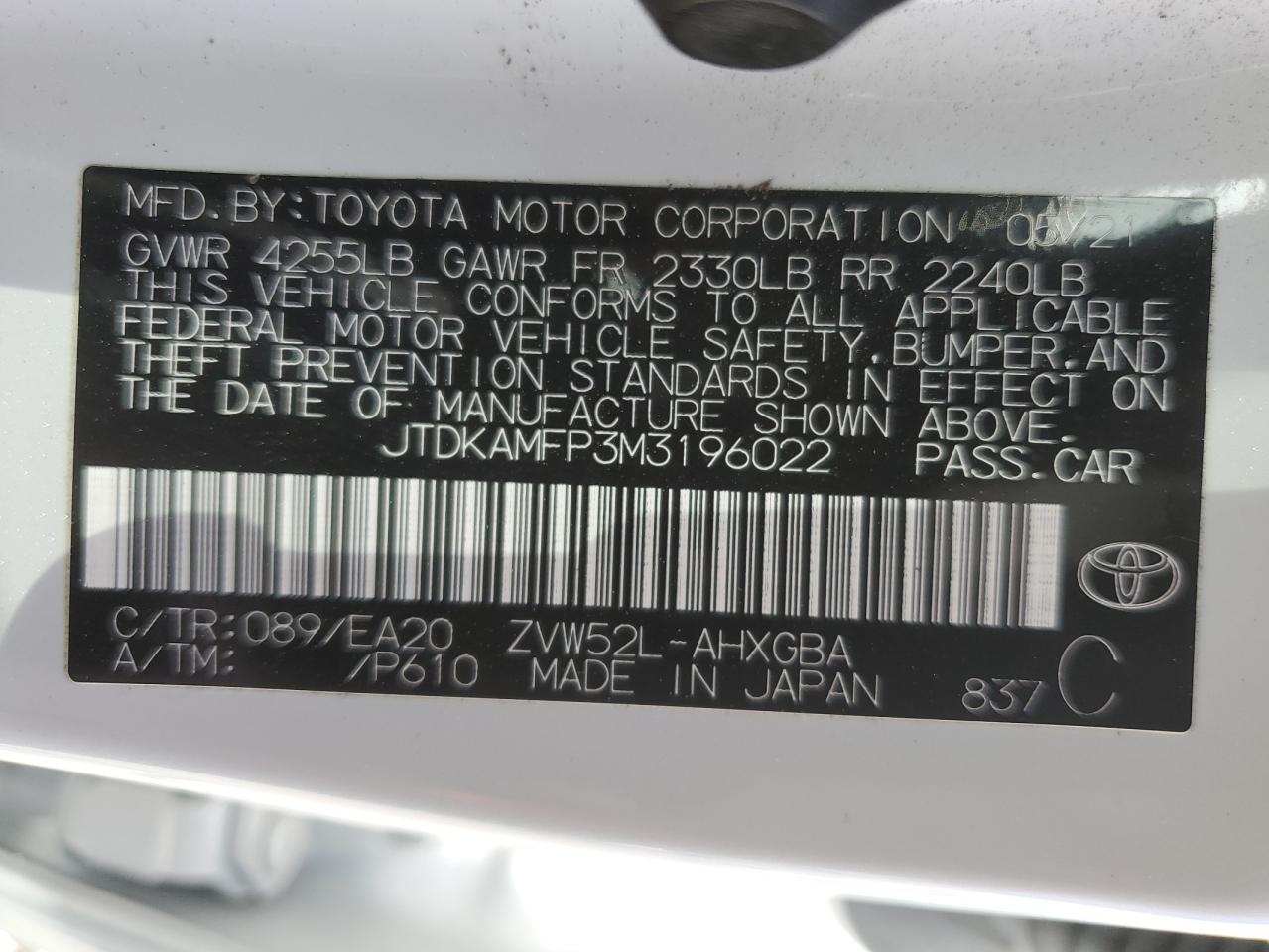 2021 Toyota Prius Prime Le VIN: JTDKAMFP3M3196022 Lot: 67717764