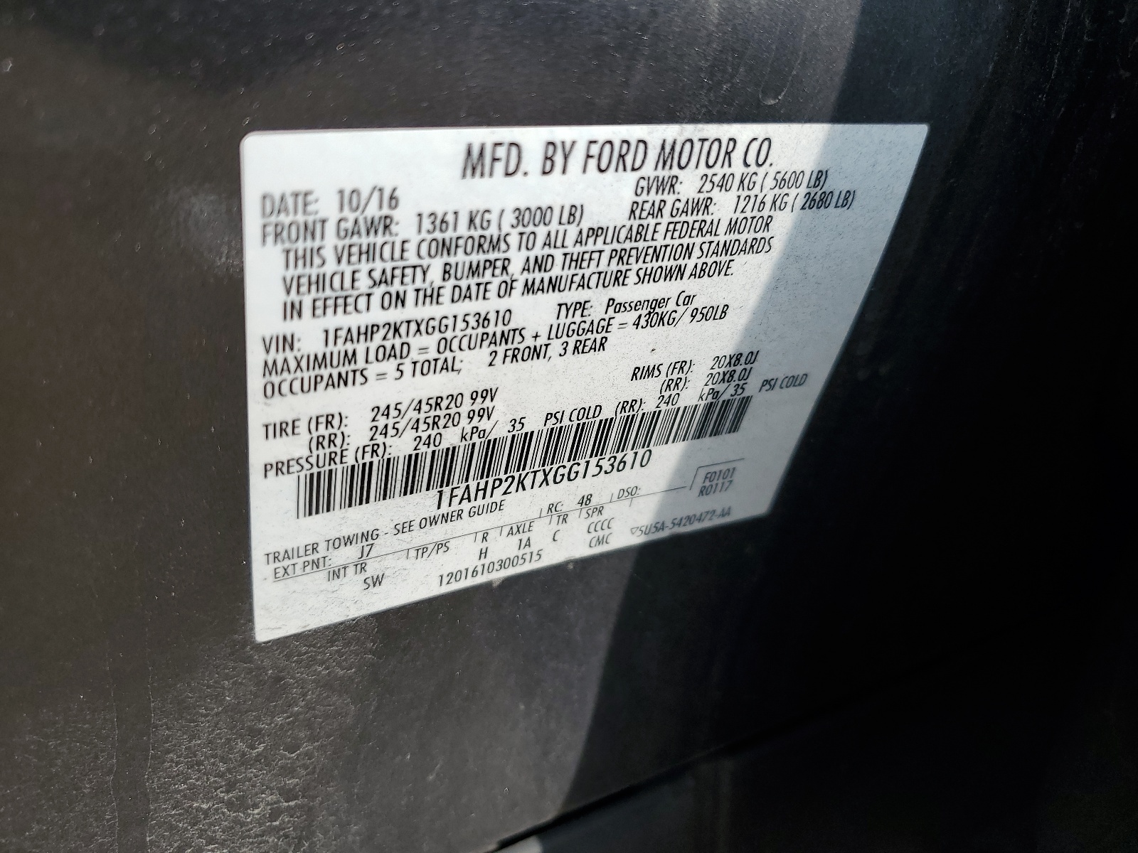 1FAHP2KTXGG153610 2016 Ford Taurus Sho