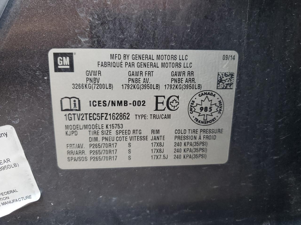 1GTV2TEC5FZ162862 2015 GMC Sierra K1500