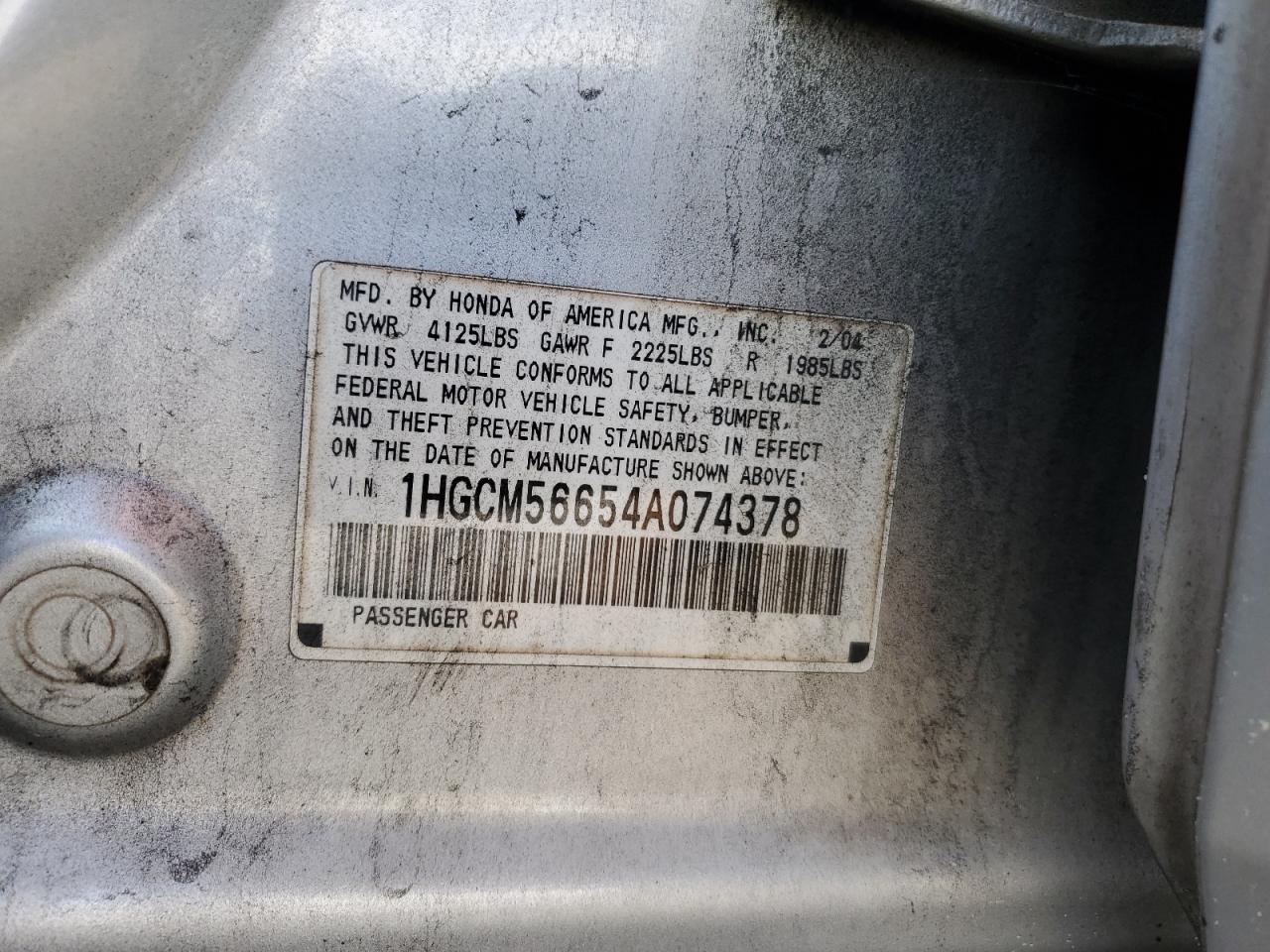 2004 Honda Accord Ex VIN: 1HGCM56654A074378 Lot: 65212844