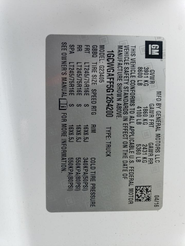 2016 Chevrolet Express G2500 VIN: 1GCWGAFF5G1264200 Lot: 64859864