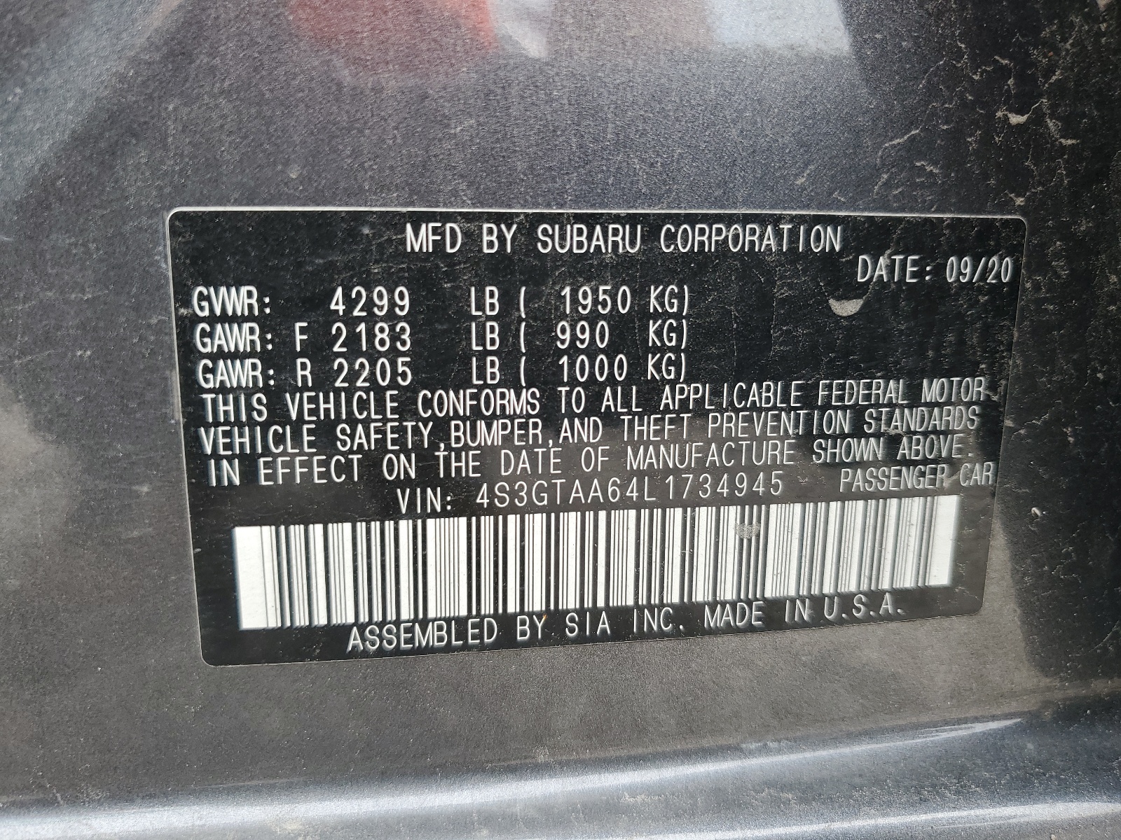 4S3GTAA64L1734945 2020 Subaru Impreza