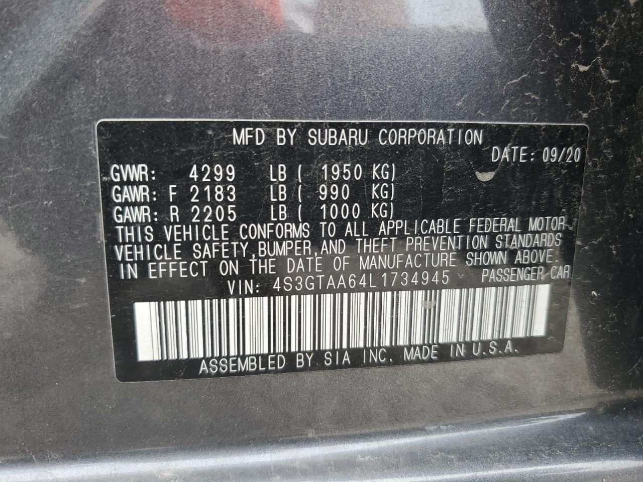 2020 Subaru Impreza VIN: 4S3GTAA64L1734945 Lot: 65559644