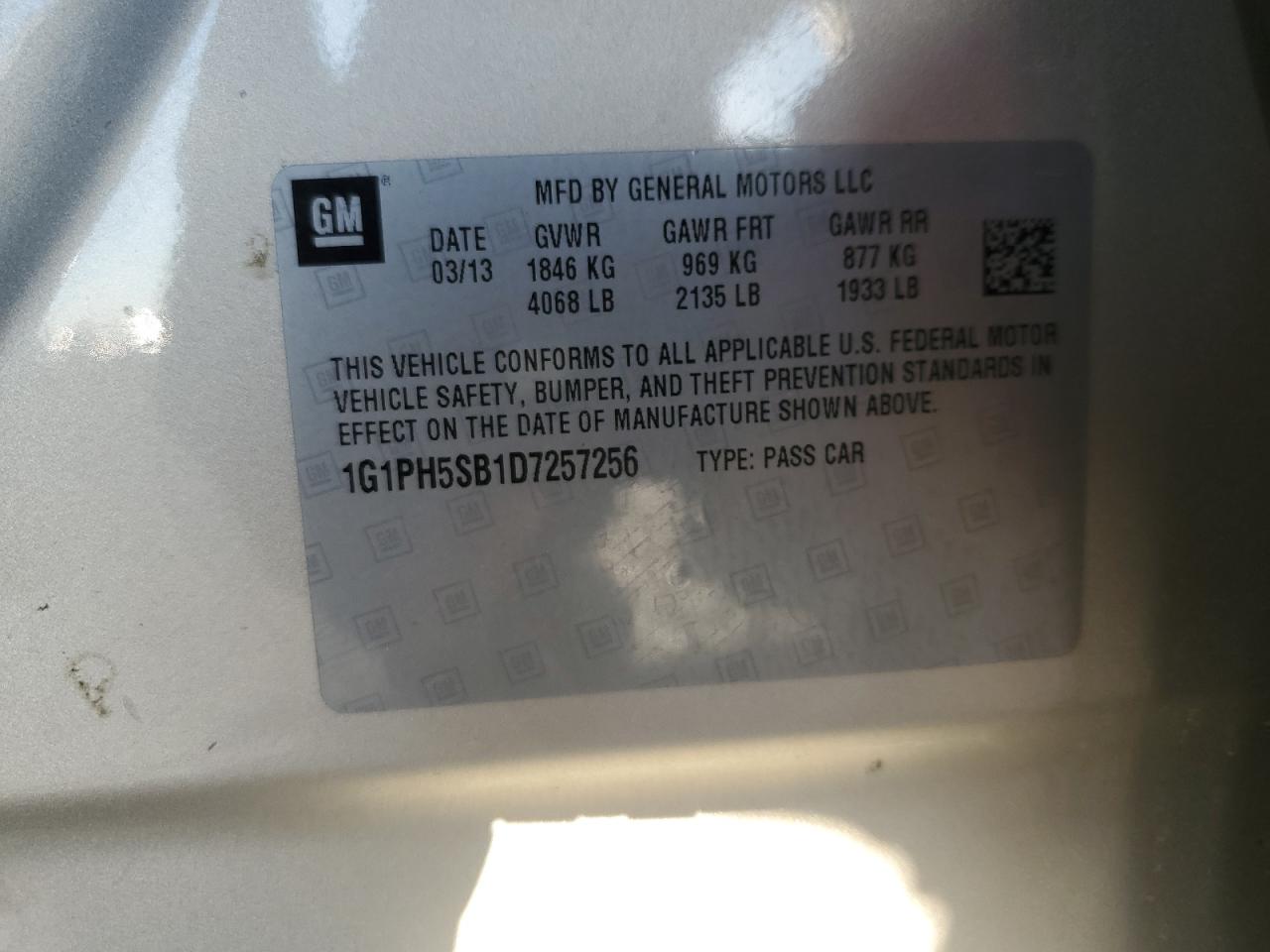 2013 Chevrolet Cruze Eco VIN: 1G1PH5SB1D7257256 Lot: 67767044