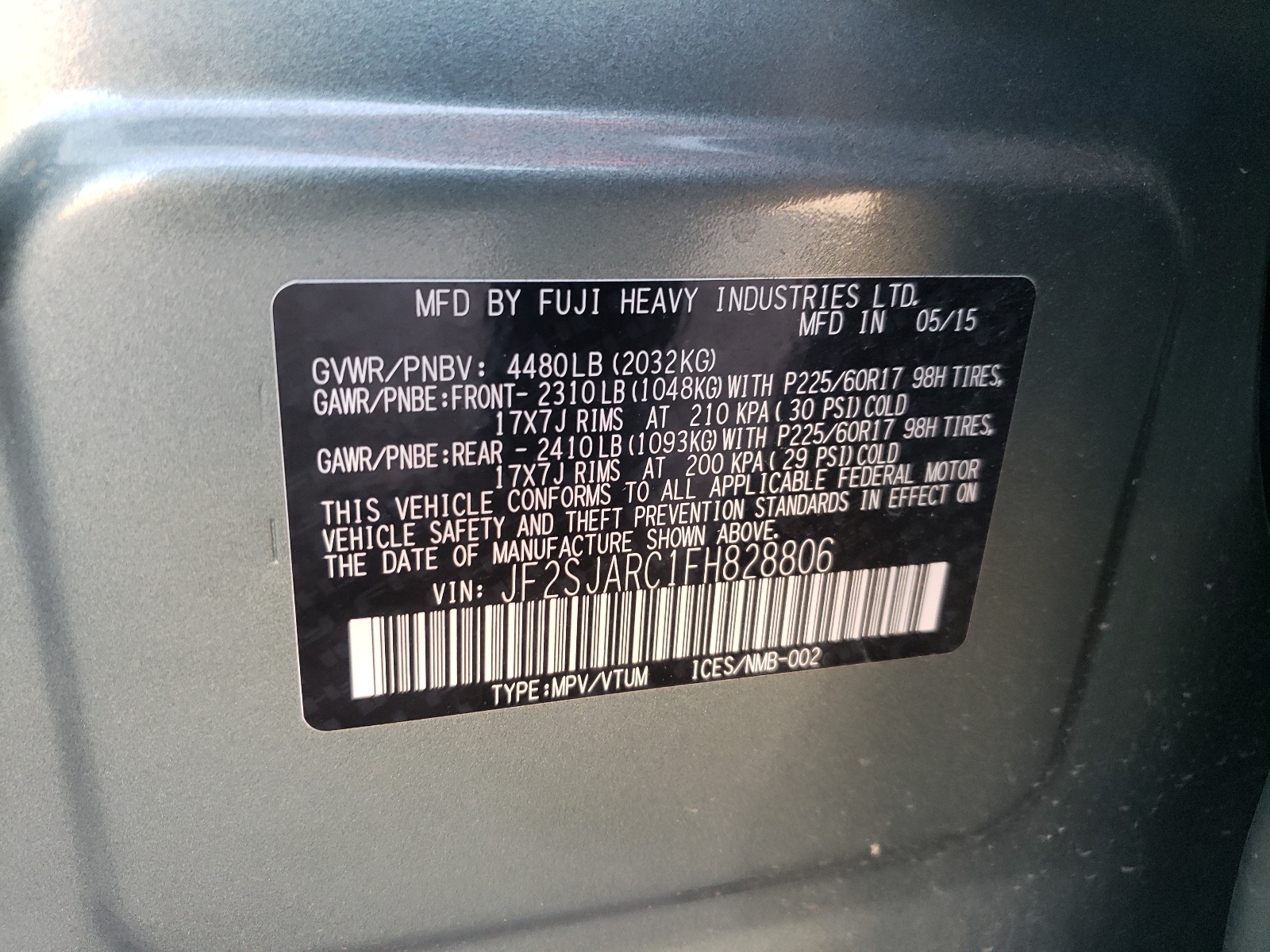 JF2SJARC1FH828806 2015 Subaru Forester 2.5I Limited