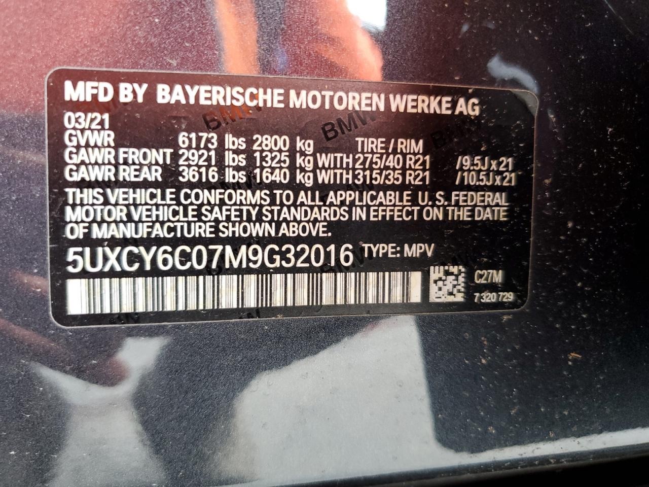 2021 BMW X6 xDrive40I VIN: 5UXCY6C07M9G32016 Lot: 65885074