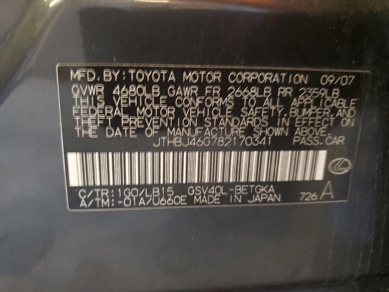 2008 Lexus Es 350 VIN: JTHBJ46G782170341 Lot: 66005894