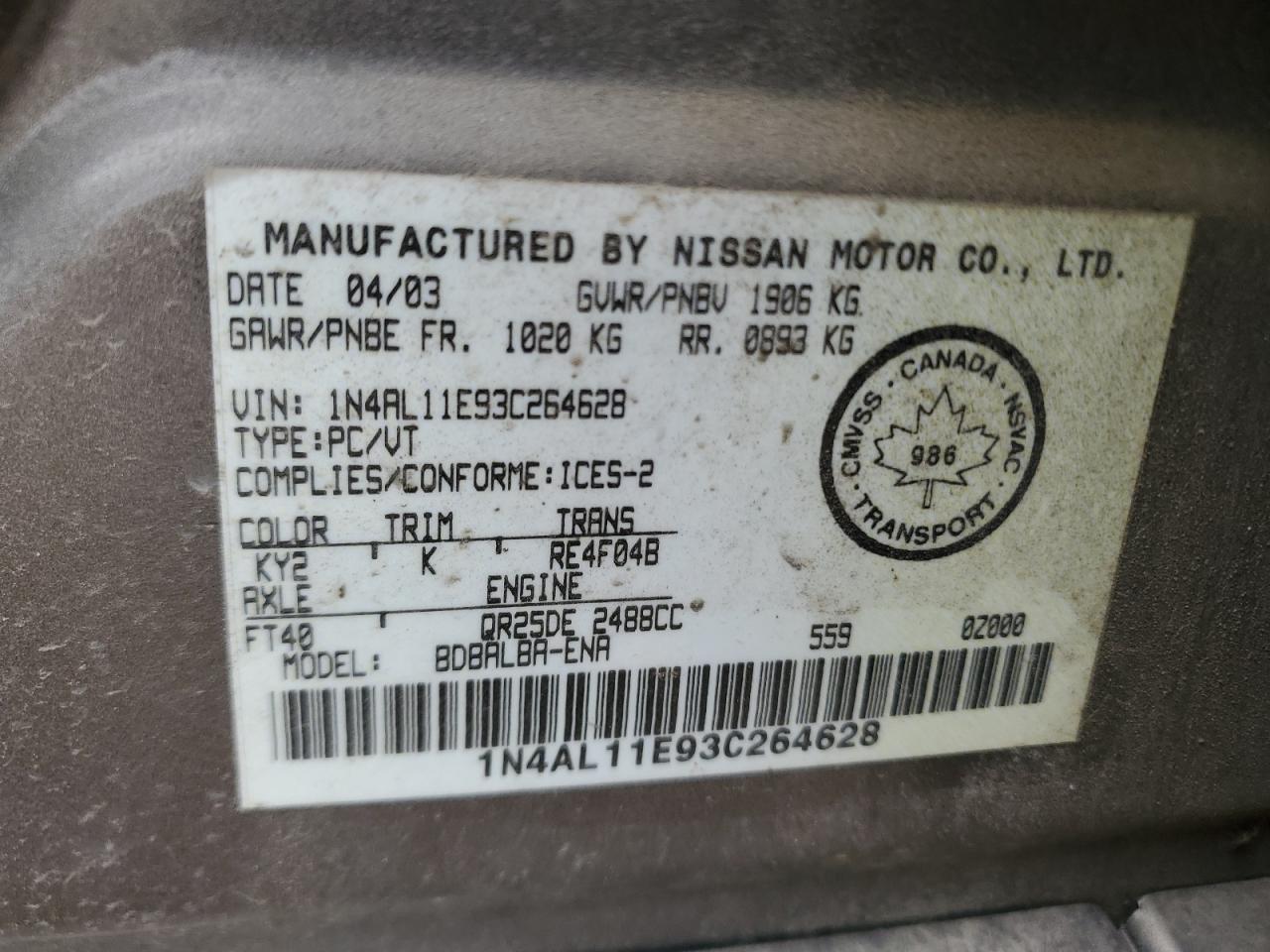 2003 Nissan Altima Base VIN: 1N4AL11E93C264628 Lot: 69742332