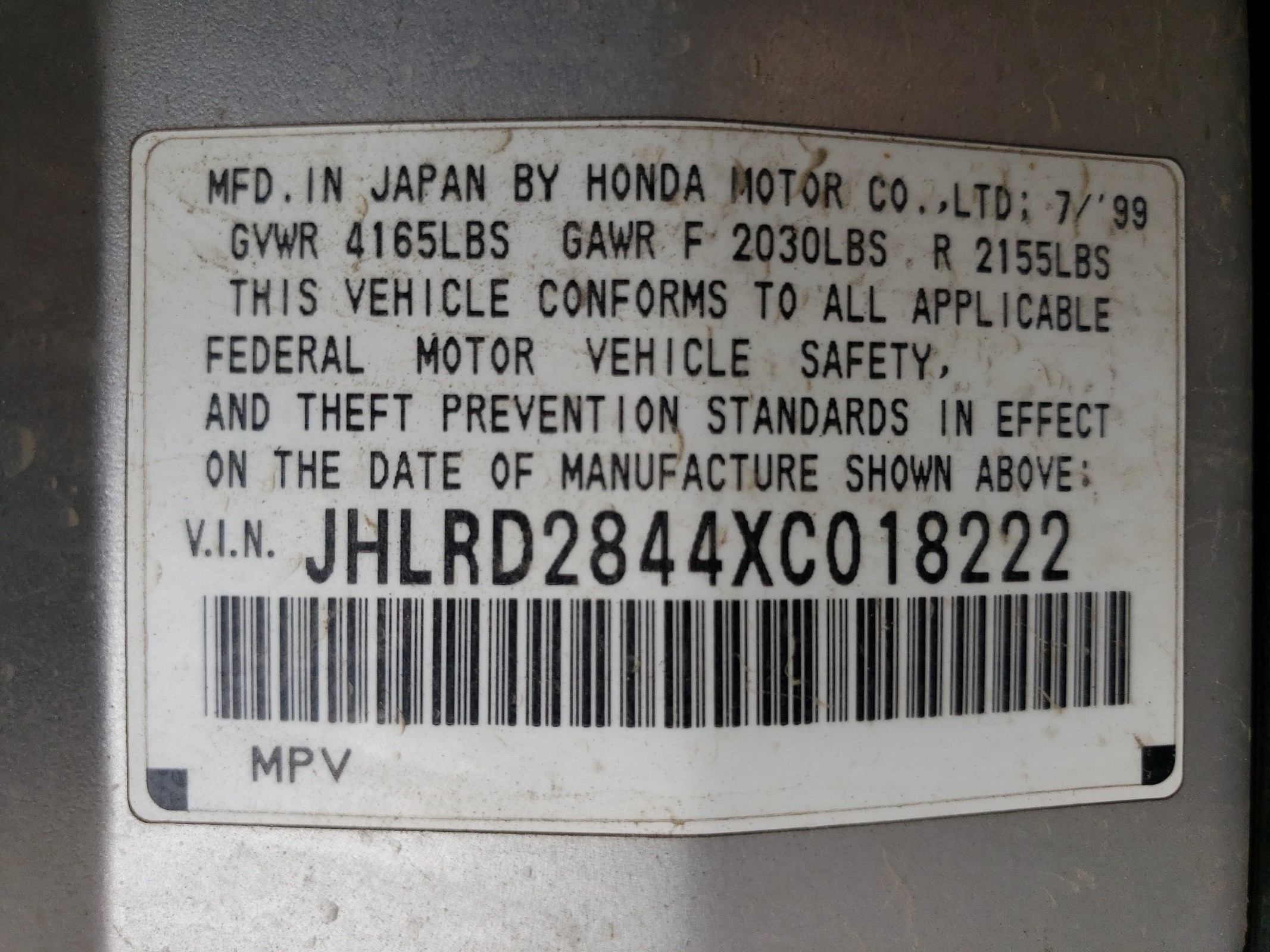 JHLRD2844XC018222 1999 Honda Cr-V Lx