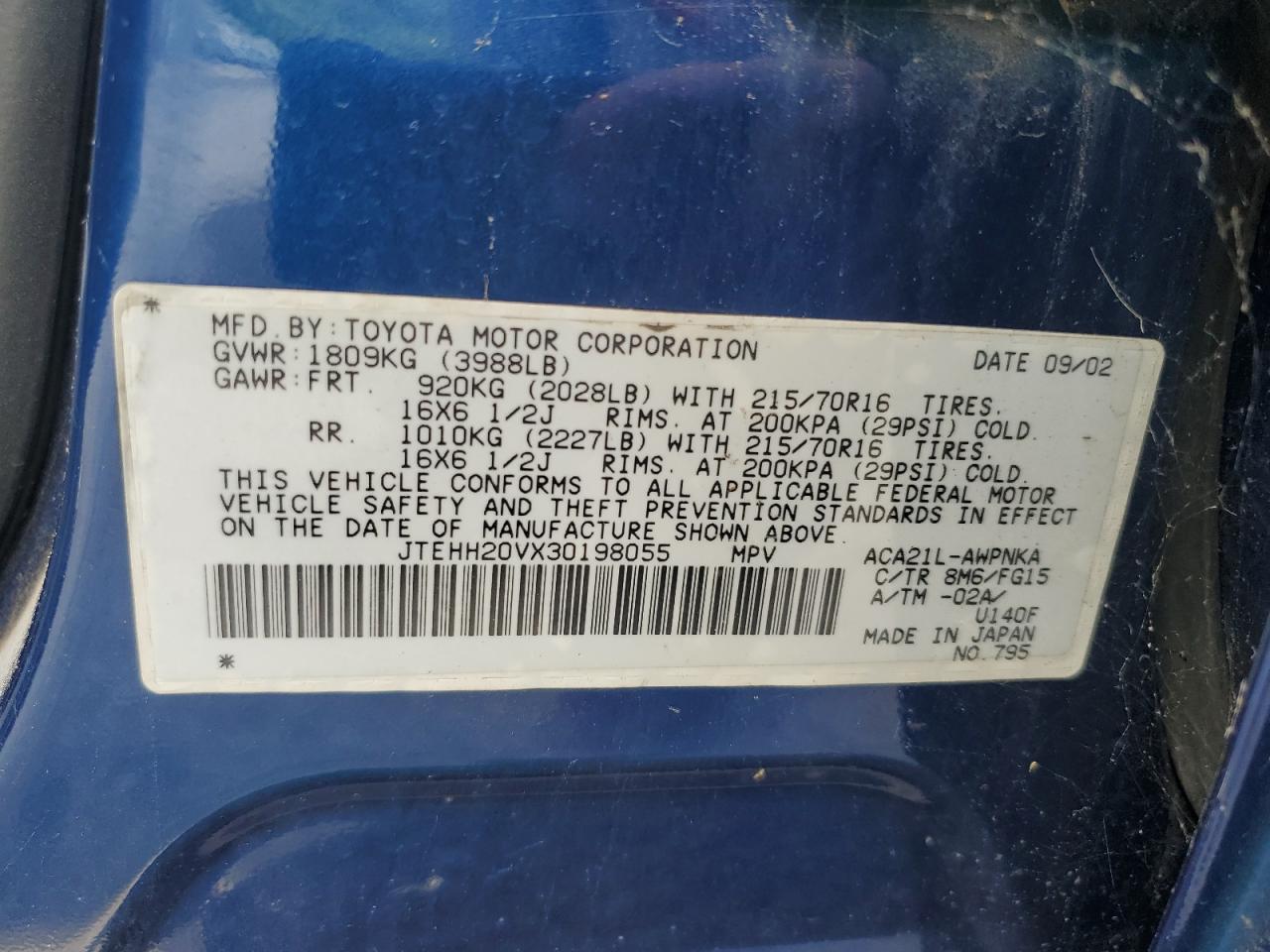 2003 Toyota Rav4 VIN: JTEHH20VX30198055 Lot: 66943814