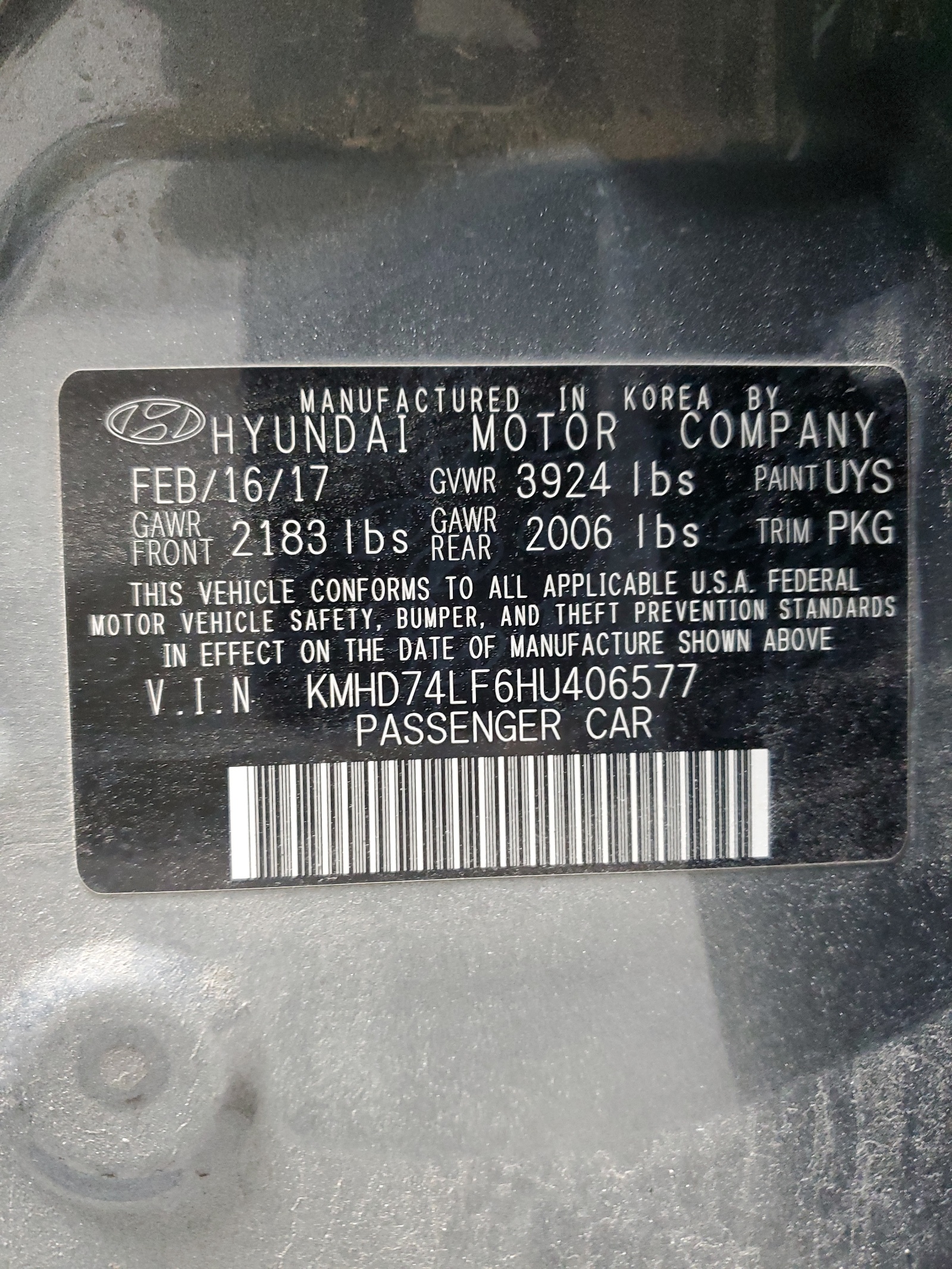 KMHD74LF6HU406577 2017 Hyundai Elantra Se