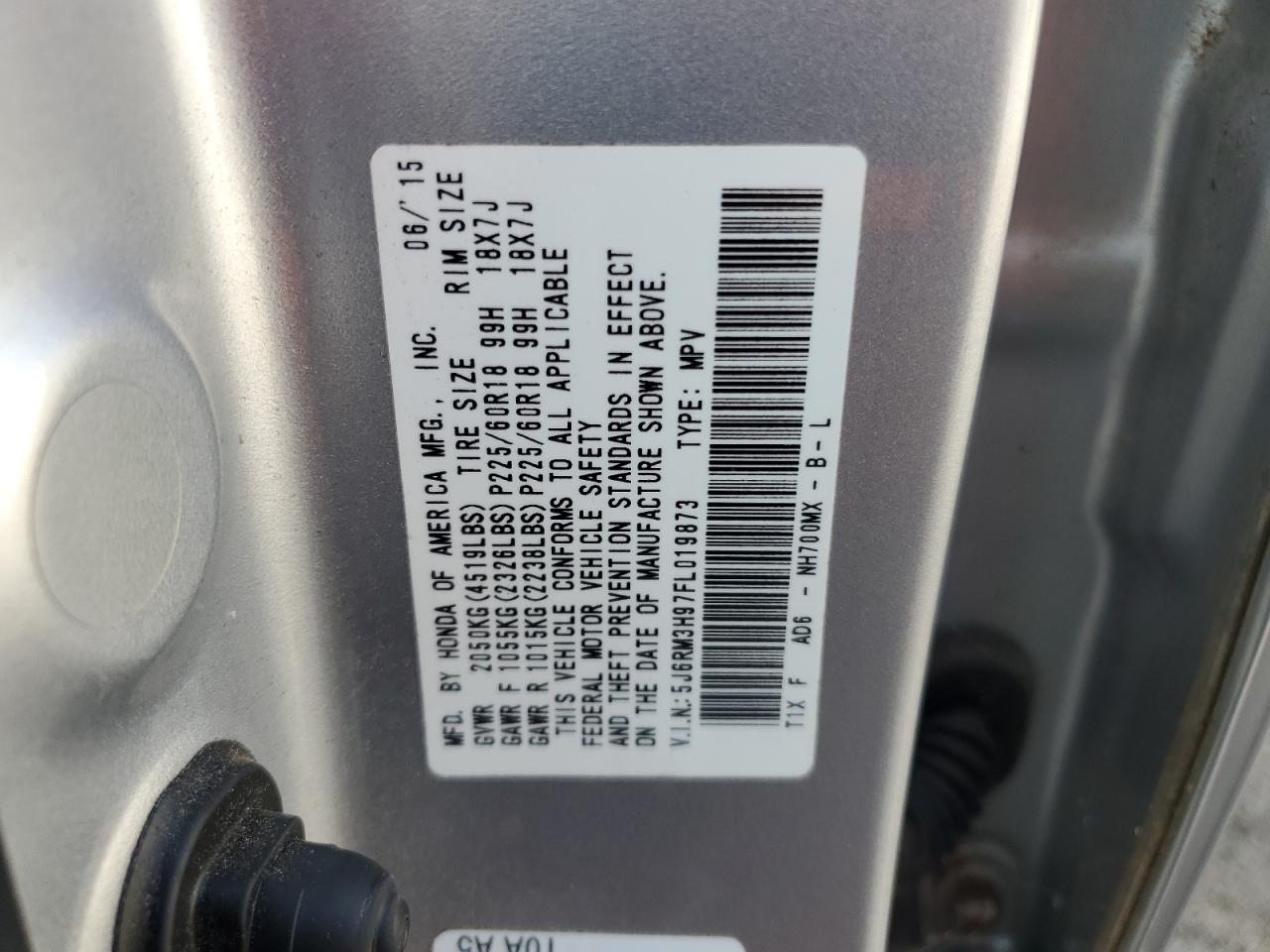 2015 Honda Cr-V Touring VIN: 5J6RM3H97FL019873 Lot: 66709064