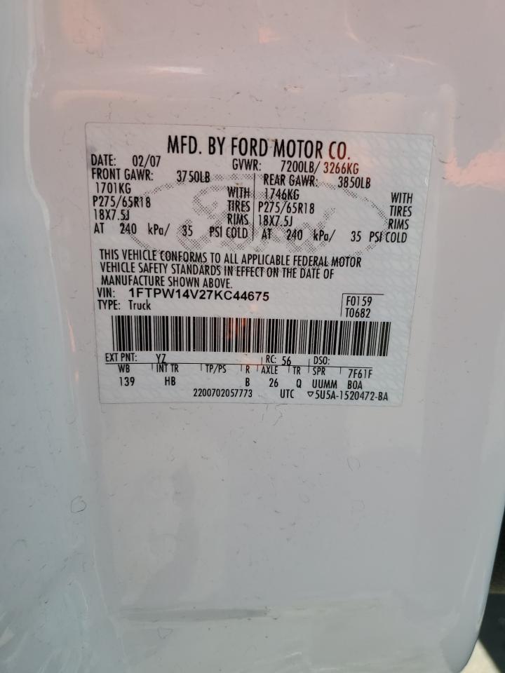 2007 Ford F150 Supercrew VIN: 1FTPW14V27KC44675 Lot: 66722394