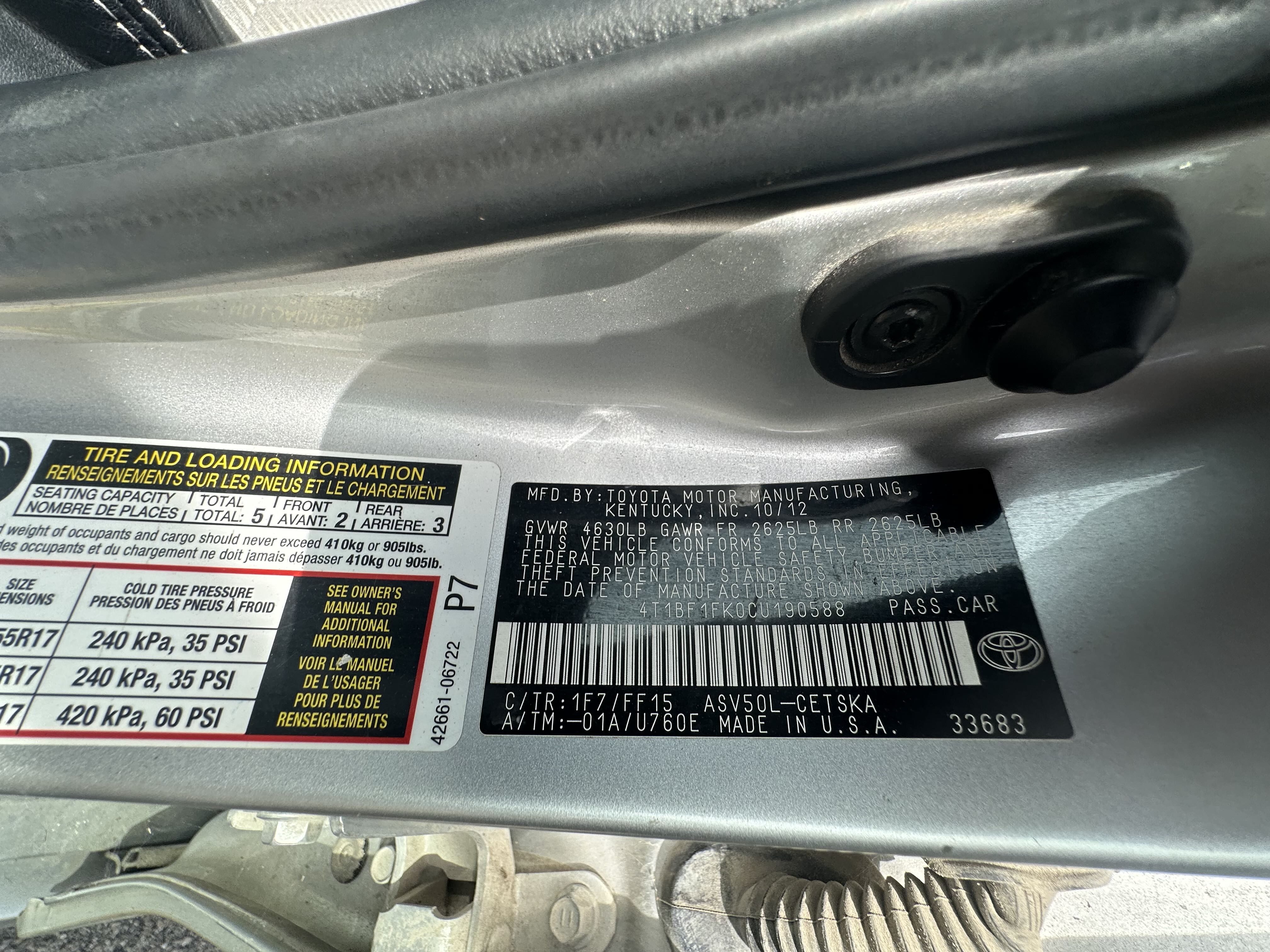 2012 Toyota Camry Base vin: 4T1BF1FK0CU190588